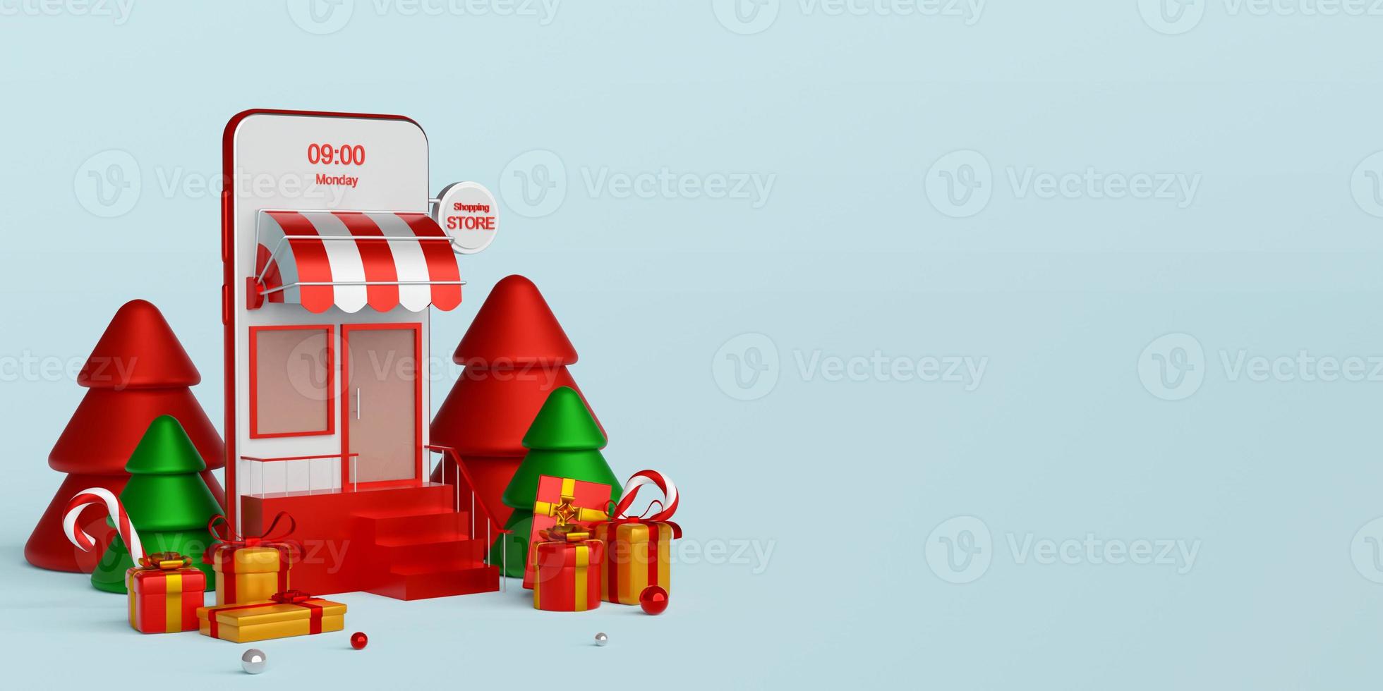 Weihnachtsbanner von Weihnachtseinkäufen online auf Smartphone-Konzept, 3D-Darstellung foto