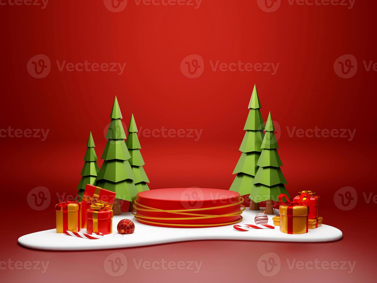 Weihnachtsthema des Podiums mit Weihnachtsgeschenk auf Schneeboden, 3D-Darstellung foto