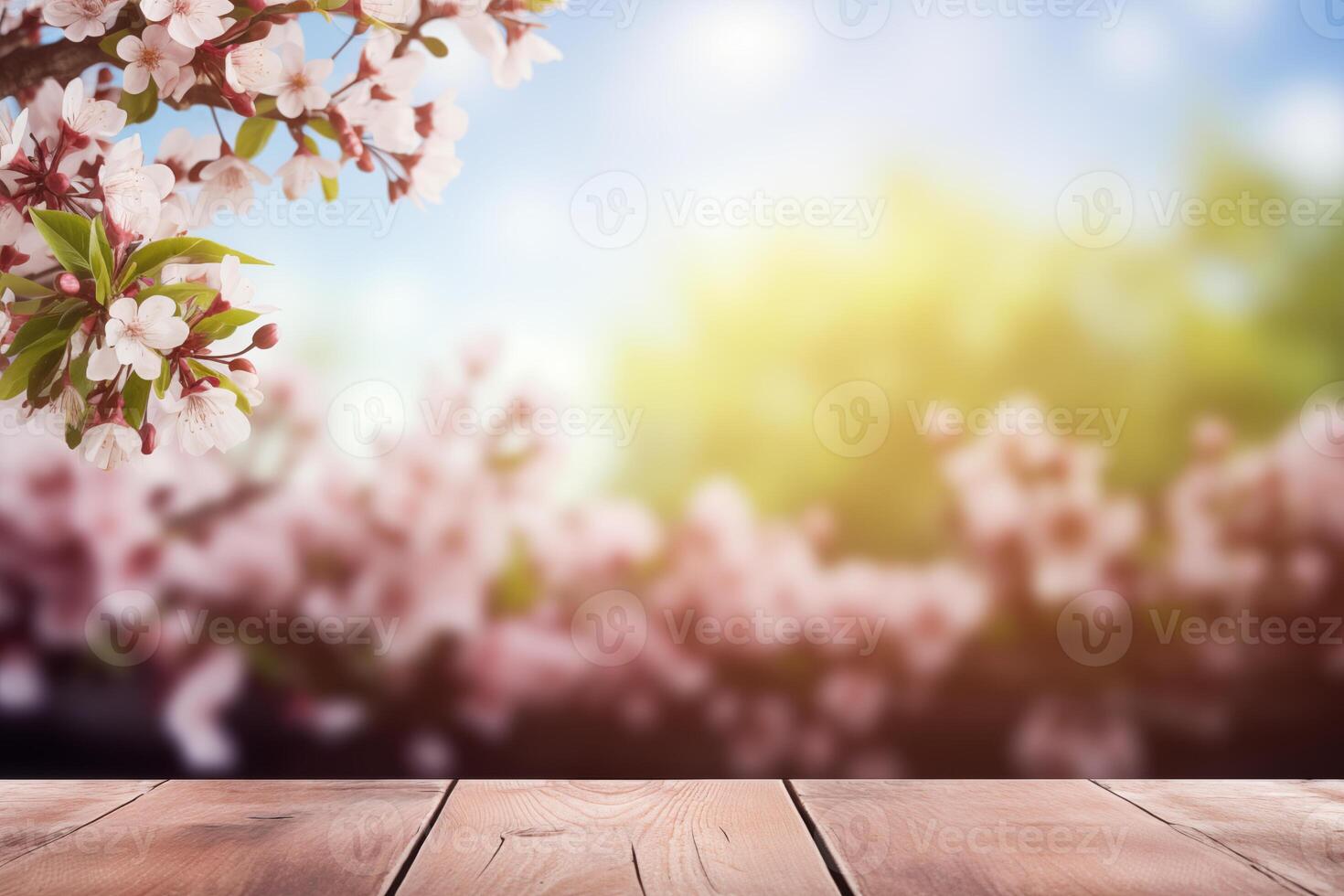 leeren hölzern Tabelle gegen Frühling Zeit Hintergrund foto