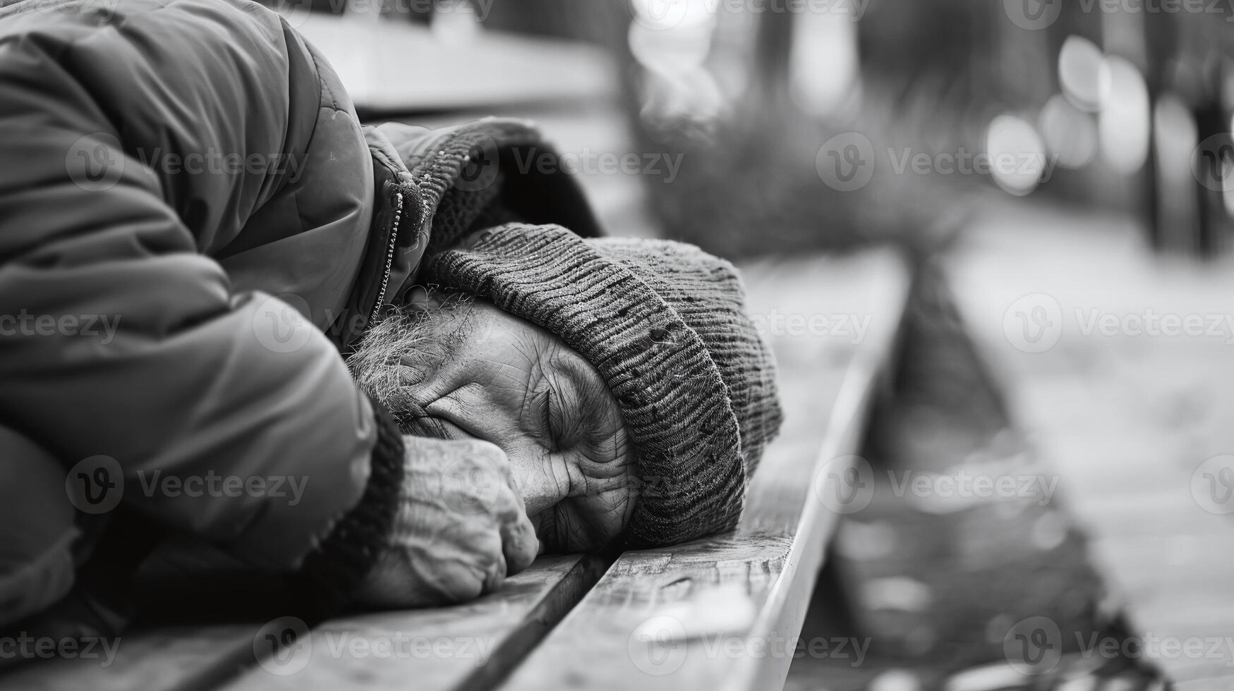 ergreifend schwarz und Weiß Bild von ein obdachlos Person Schlafen auf ein Bank, hervorrufen Themen von Armut, städtisch Leben, und Sozial Themen. foto