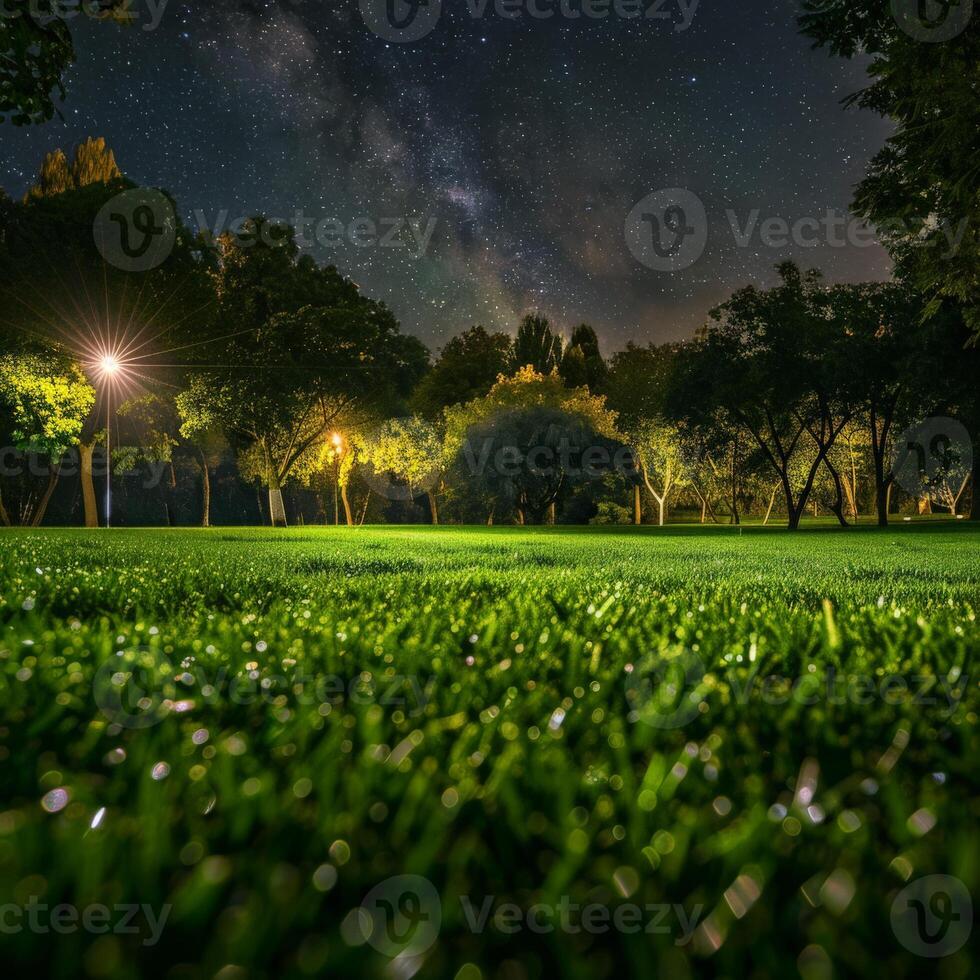 grasig Feld mit Bäume und Beleuchtung foto