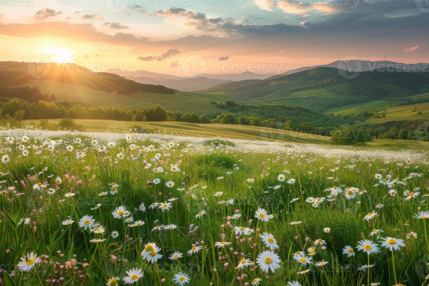 Feld von Blumen mit Rahmen Sonne foto