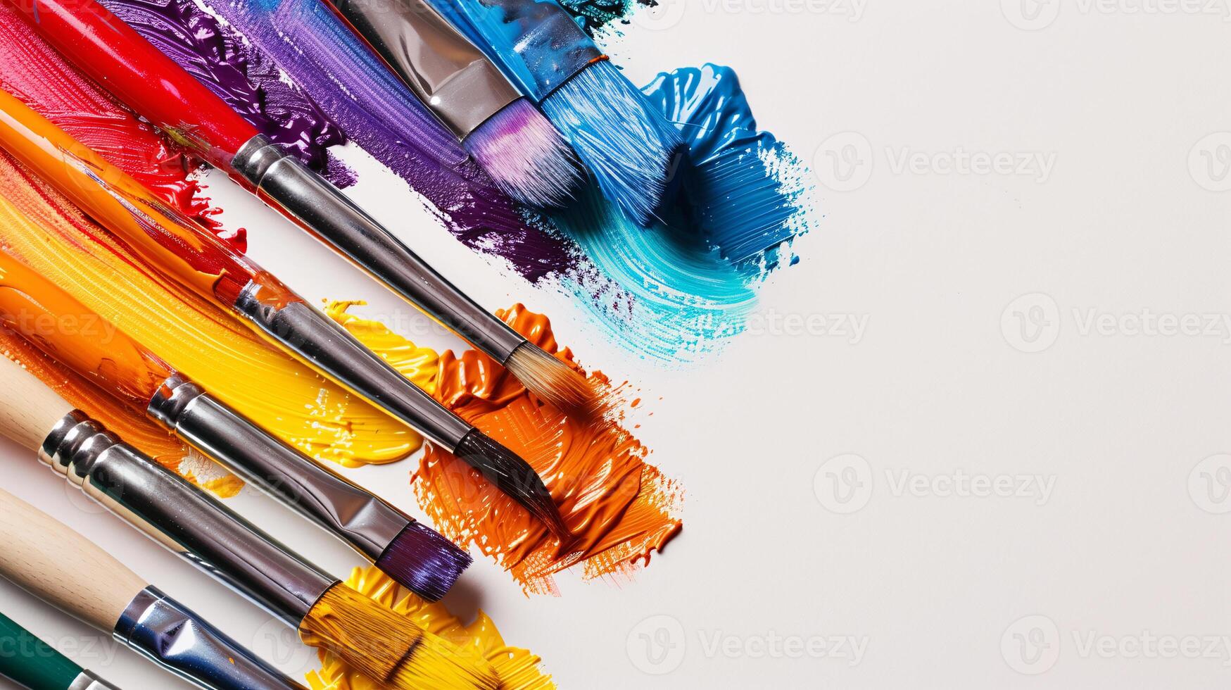 ein Anordnung von bunt Pinsel eingetaucht im verschiedene Farbtöne von Farbe auf ein makellos Weiß Oberfläche foto