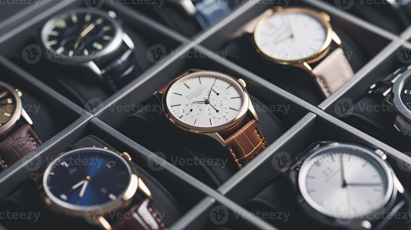 ein Sammlung von stilvoll Armbanduhren, vereinbart worden im ein Muster, Vitrinen das Eleganz von Uhren foto