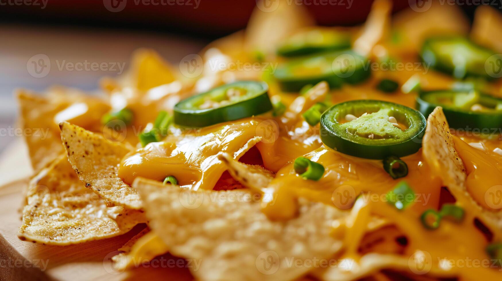 ein köstlich Anzeige von Nachos großzügig beschichtet im pikant Jalapeno Käse foto