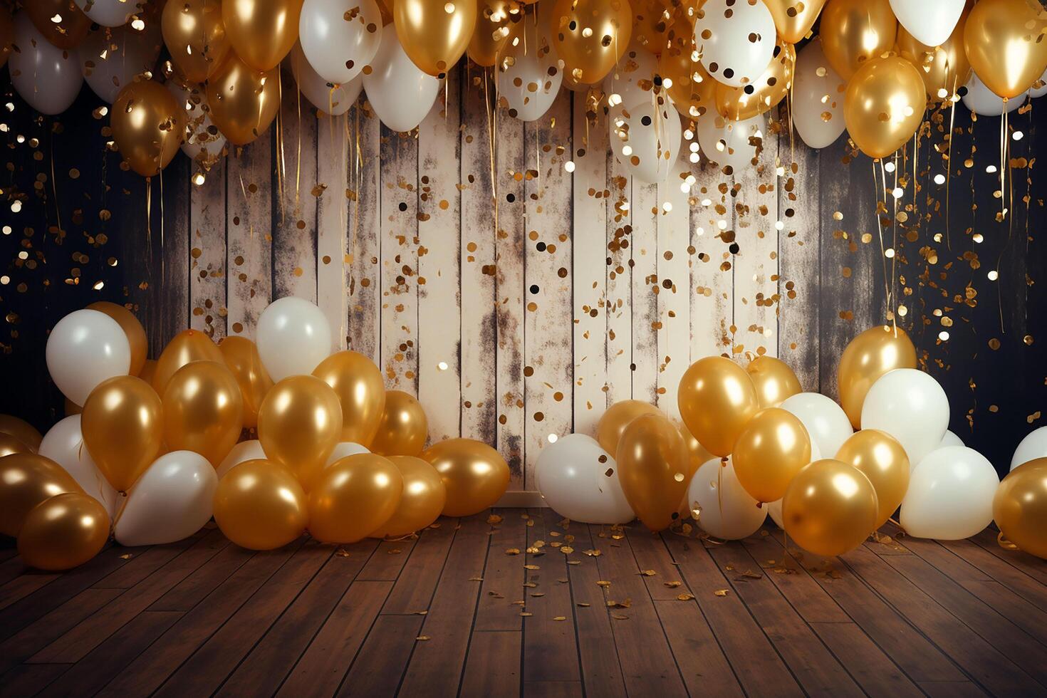 Gold und Weiß Luftballons mit Gold Konfetti fallen Nieder Über schwarz Hintergrund. Neu Jahr, Geburtstag oder Hochzeit Feier generiert.ai foto