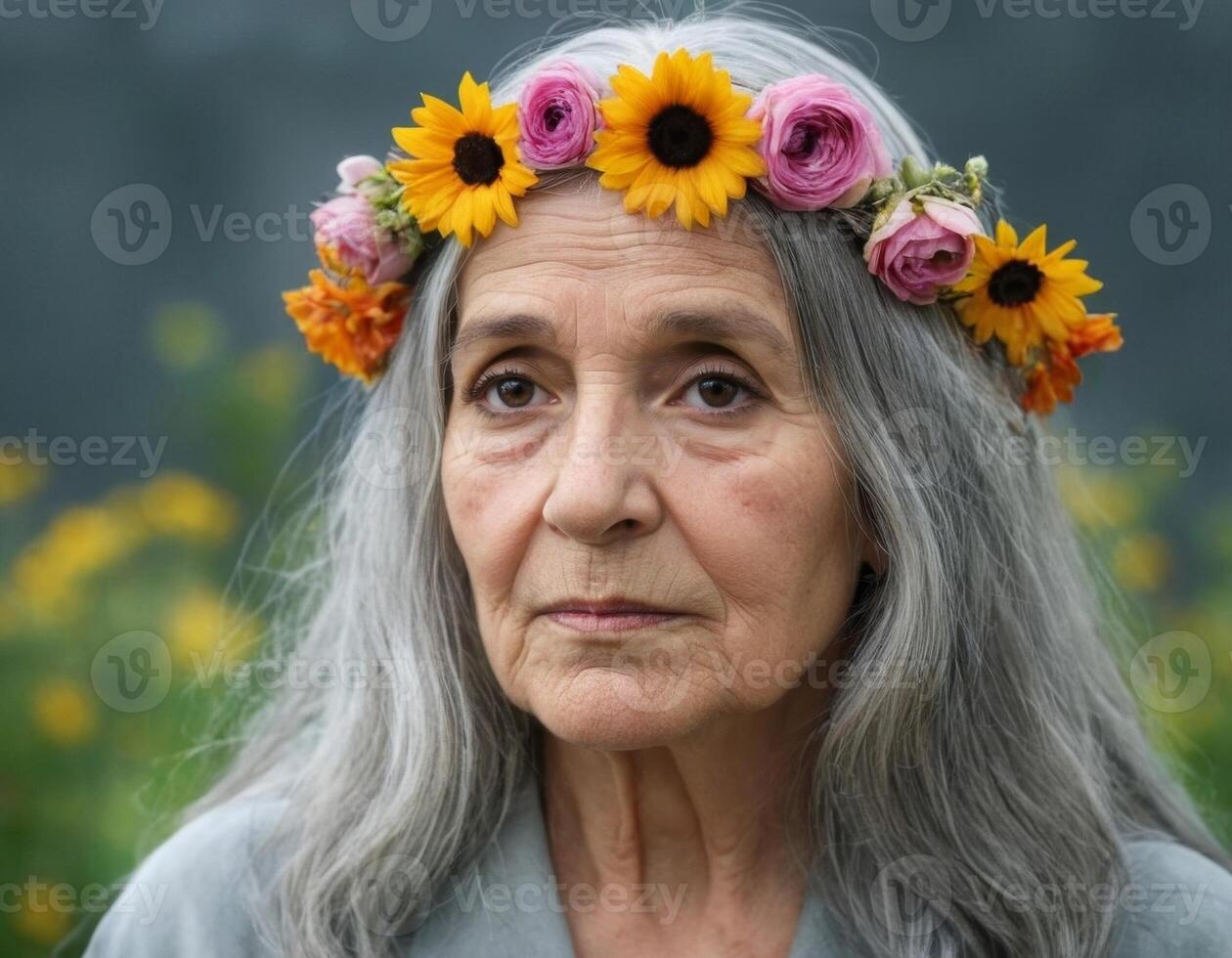 ein Alten Frau tragen ein Kranz von Blumen. foto