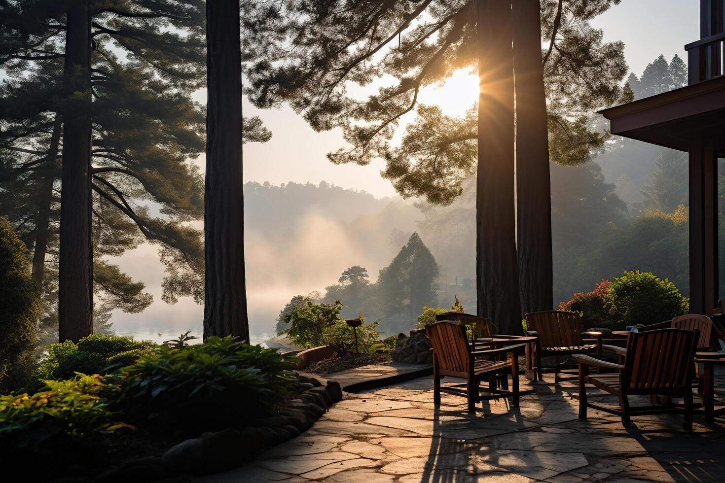 ein Cafe im das Mitte von Natur mit Blick auf ein schön Sonnenuntergang und Sonnenaufgang. das Konzept von Einsamkeit im Natur. generiert durch künstlich Intelligenz foto