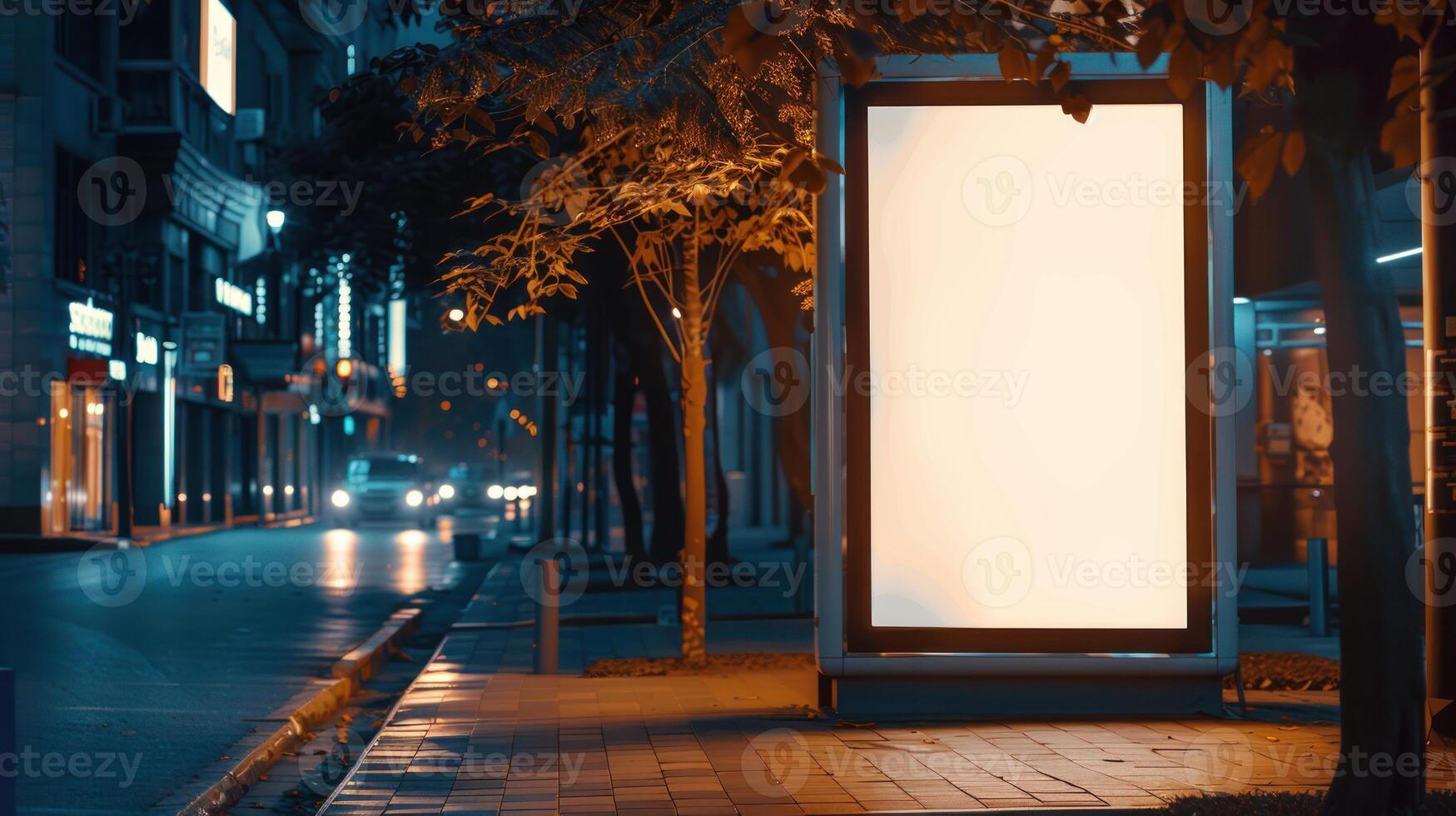 leer Weiß Straße Plakatwand Vertikale Werbung Stand im das Straße beim Nacht foto