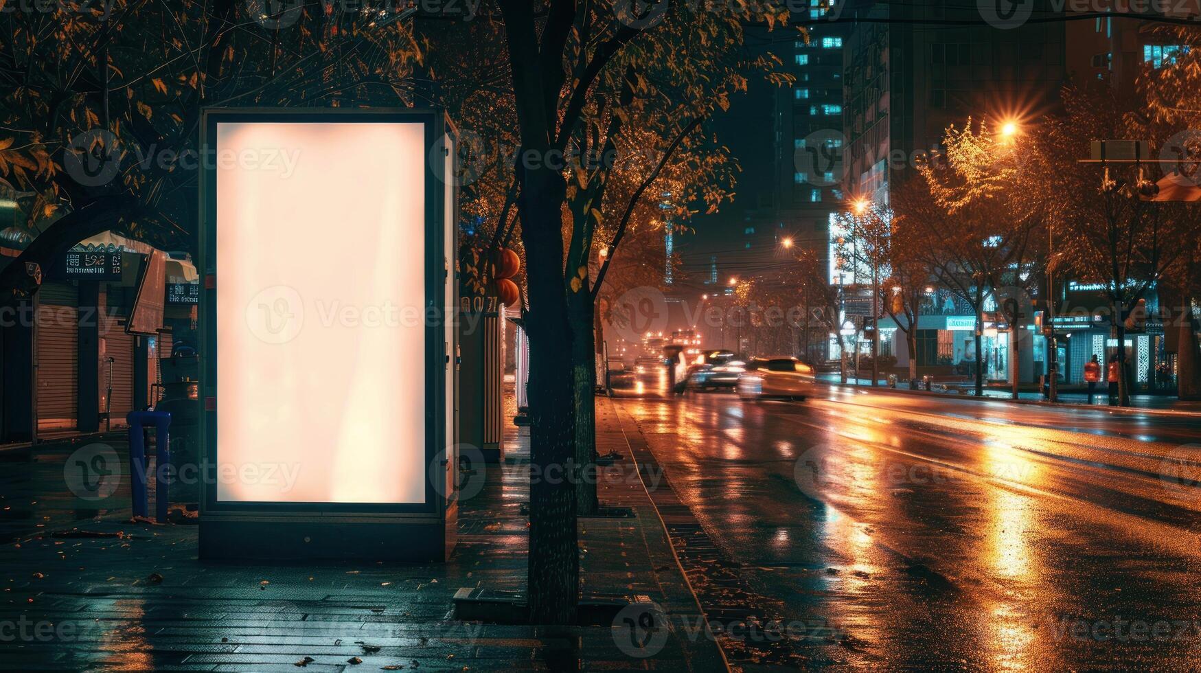 leer Weiß Straße Plakatwand Vertikale Werbung Stand im das Straße beim Nacht foto