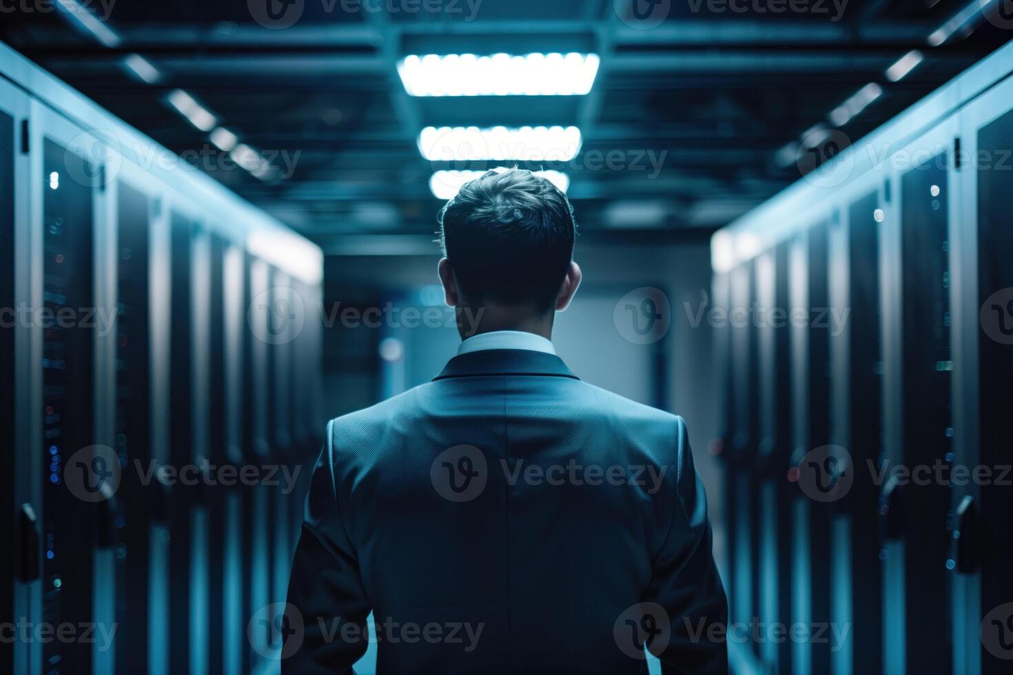 zurück Aussicht von Geschäftsmann im Daten Center Server Zimmer suchen beim groß Daten, Arbeiten mit Daten Schutz Ingenieurwesen Netzwerk zum Cyber Sicherheit im Daten Center foto