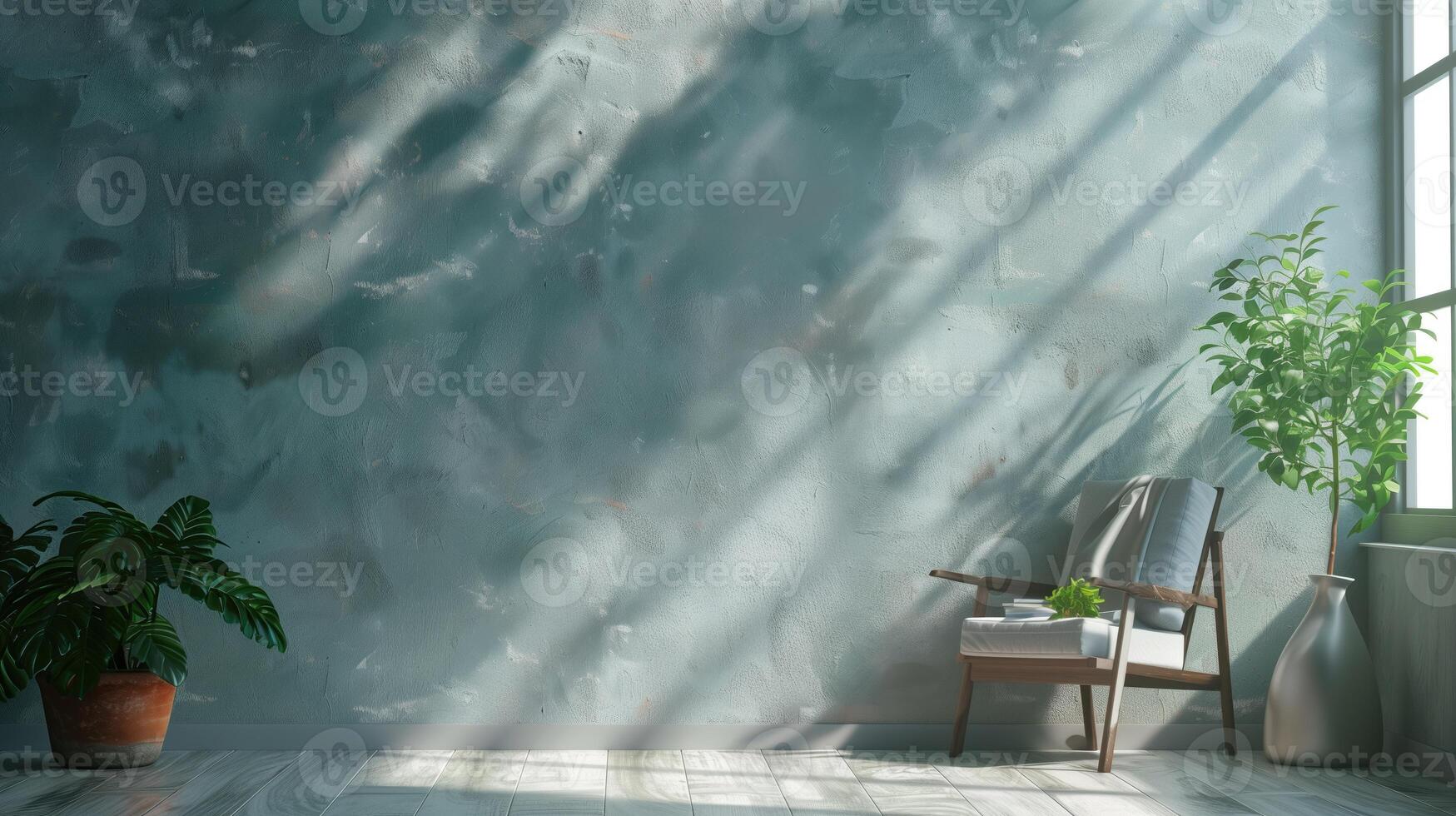 Sessel und Pflanzen beim Vase im ein groß gemütlich Zimmer Schatten und Licht Filtern durch Fenster, Grunge Mauer mit Kopieren Raum foto