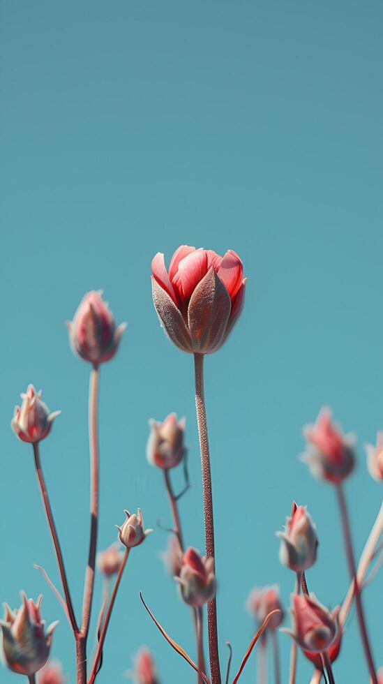 ein Single Blume umgeben durch viele kleiner Knospen erreichen oben zum Unterstützung, symbolisieren das Rolle von ein Therapeut und Unterstützung Gruppen foto