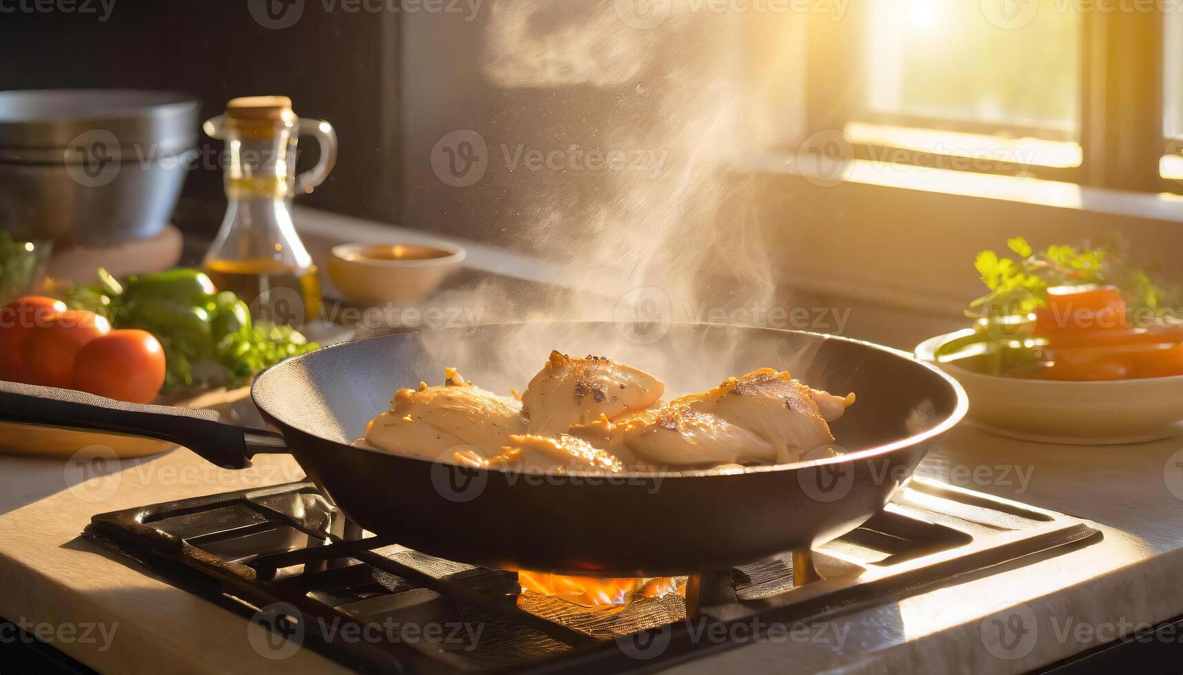 ein Person ist Kochen Hähnchen im ein schwenken auf ein Herd foto