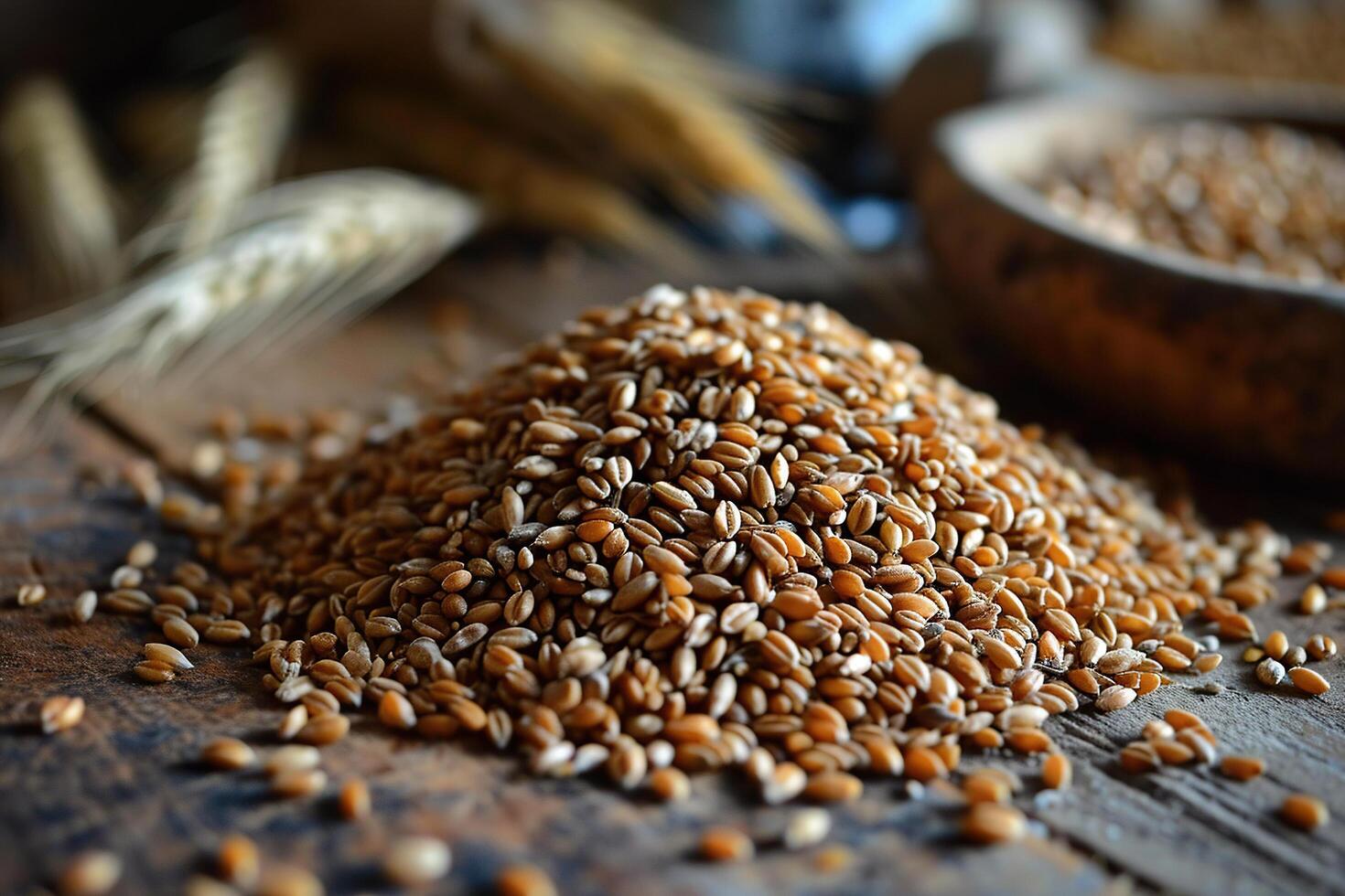 ein Stapel von reif trocken Korn auf ein hölzern Oberfläche. Müsli Ernte Konzept. Korn Mangel. foto