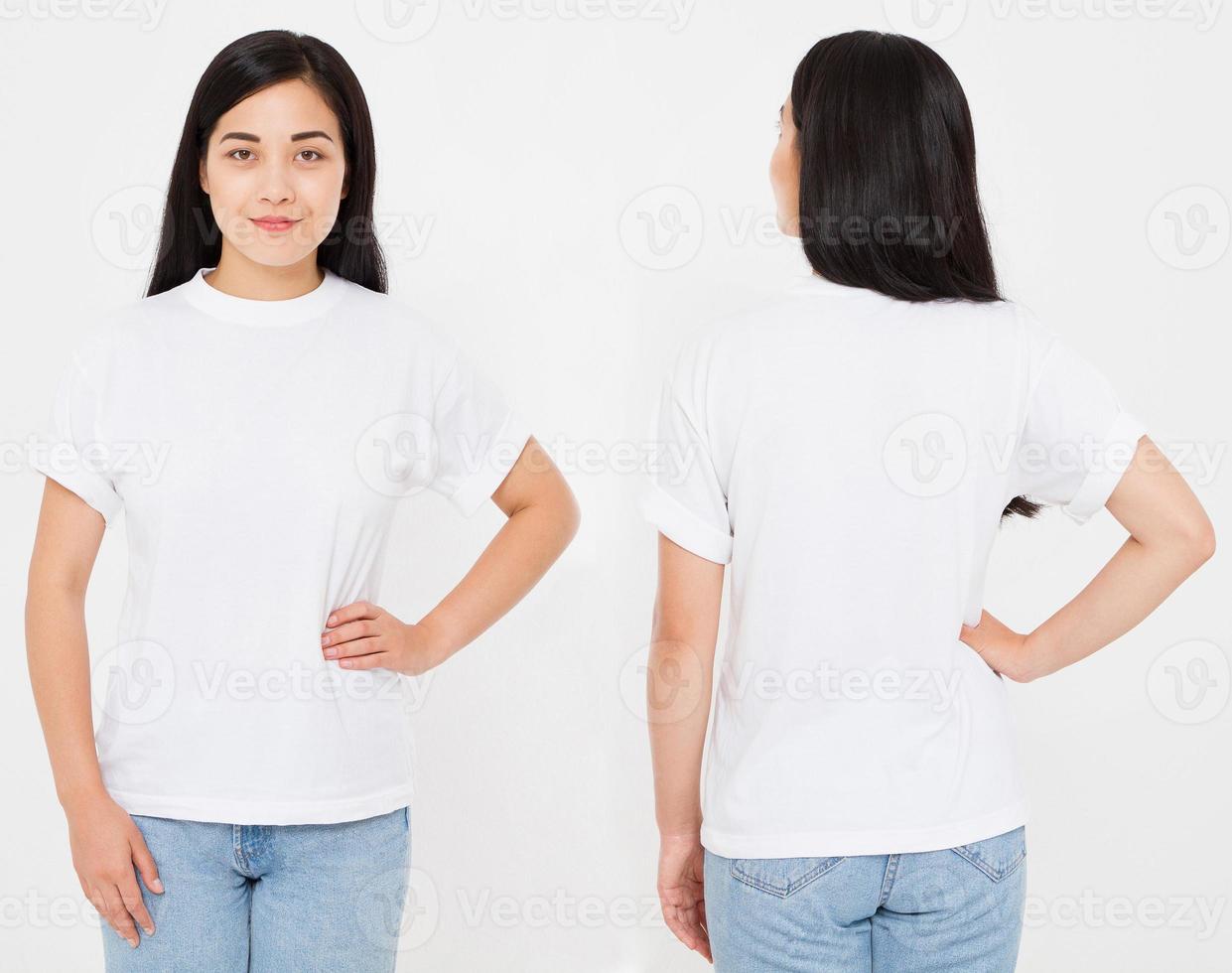 Vorder- und Rückansicht der jungen asiatischen koreanischen sexy Frau im stilvollen T-Shirt auf weißem Hintergrund. Mock-up für Design. Platz kopieren. Vorlage. leer foto