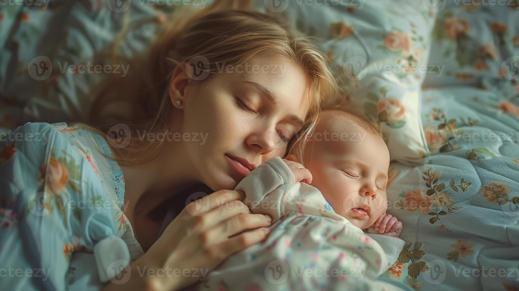 jung Mutter Schlaf mit ihr Baby auf das Bett foto