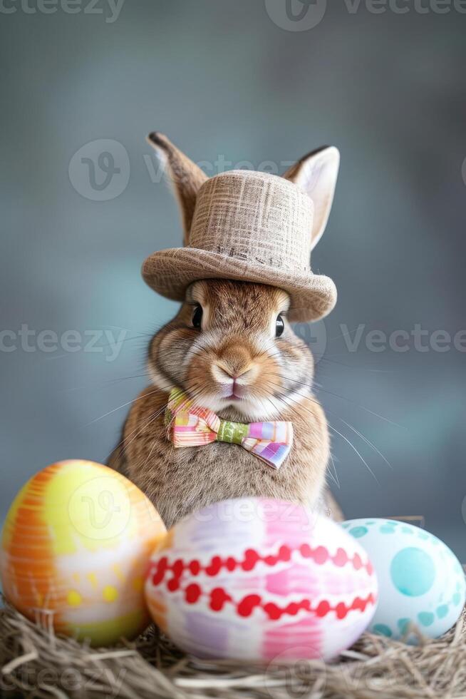 ein Hase tragen ein Hut und Bogen Krawatte taucht auf von das Ei mit schön bunt Muscheln auf ein eben Farbe Hintergrund. foto