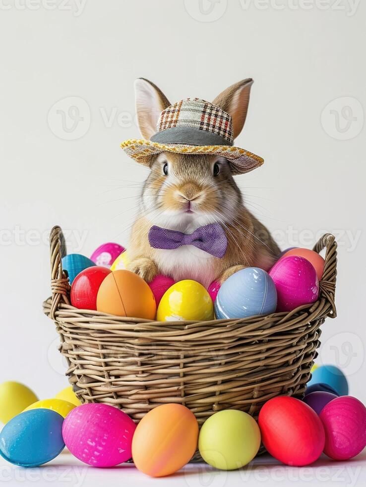 ein Hase tragen ein Hut und Bogen Krawatte taucht auf von das Ei mit schön bunt Muscheln alle im das Korb auf ein Weiß Hintergrund. foto