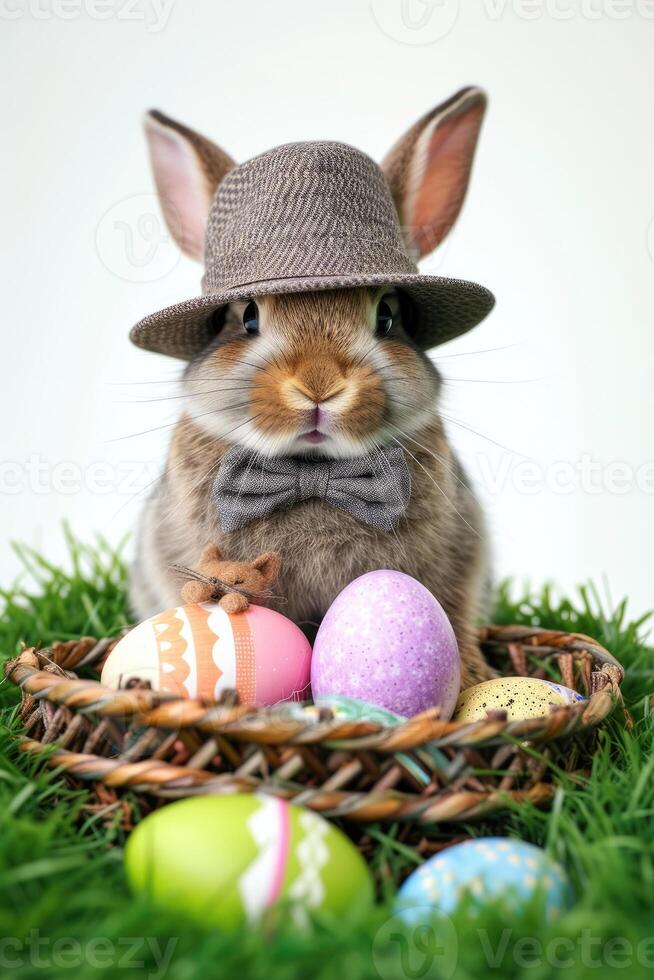 ein Hase tragen ein Hut und Bogen Krawatte taucht auf von das Ei mit schön bunt Muscheln alle im das Korb auf ein Weiß Hintergrund. foto