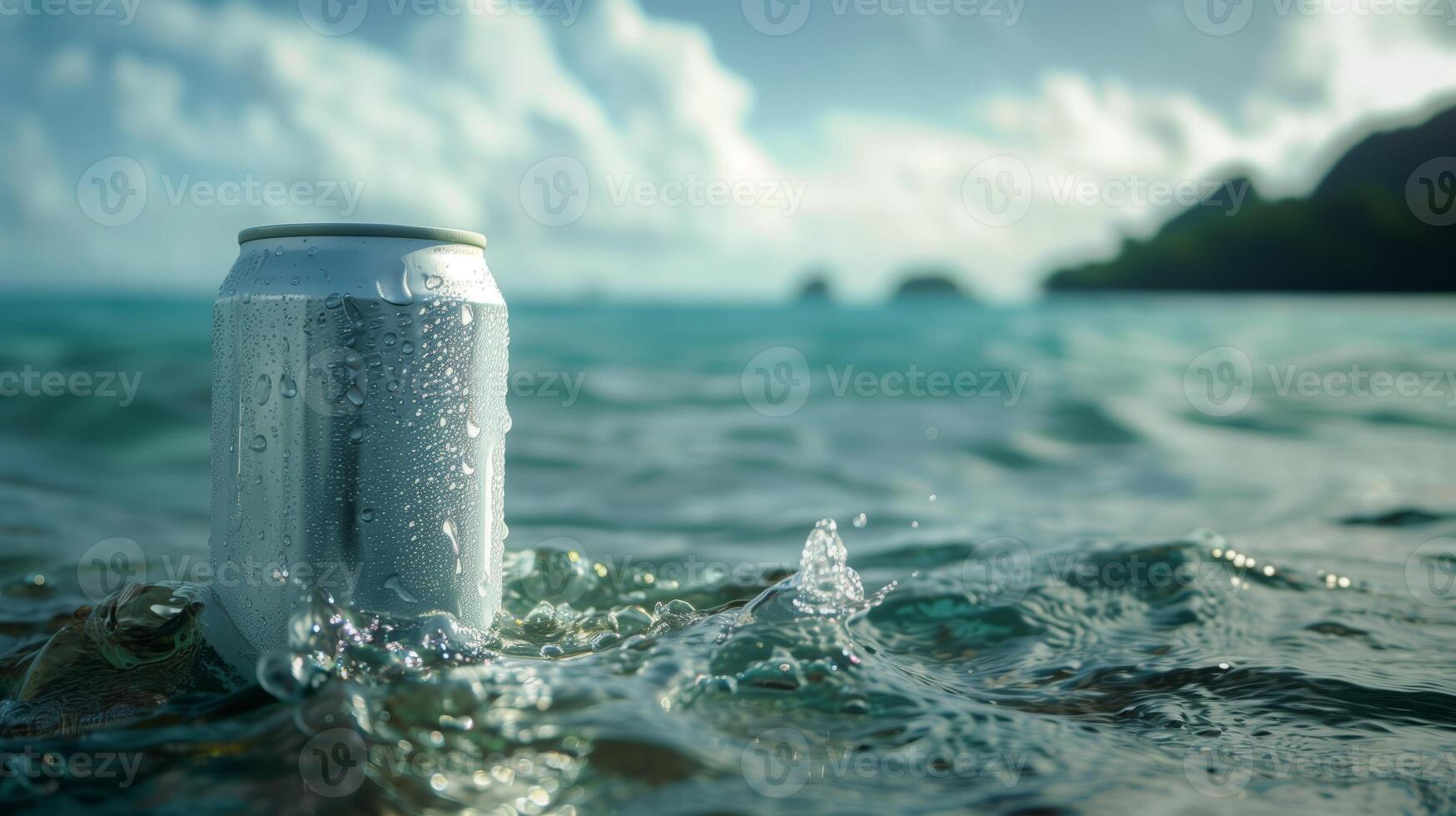 das einfach alkoholfreies Getränk können 330ml, schwebend im das Ozean mit tropisch Inseln im Hintergrund. generiert durch künstlich Intelligenz. foto