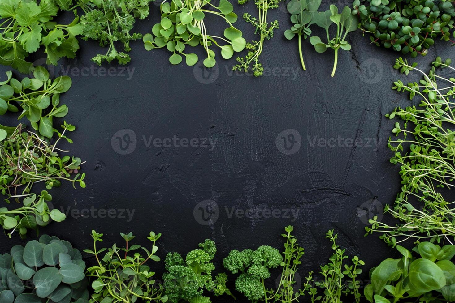 Grün Essen Rahmen gemacht mit gesund Baby Microgreens auf schwarz Tisch, eben legen. Raum zum Text, organisch Hintergrund foto