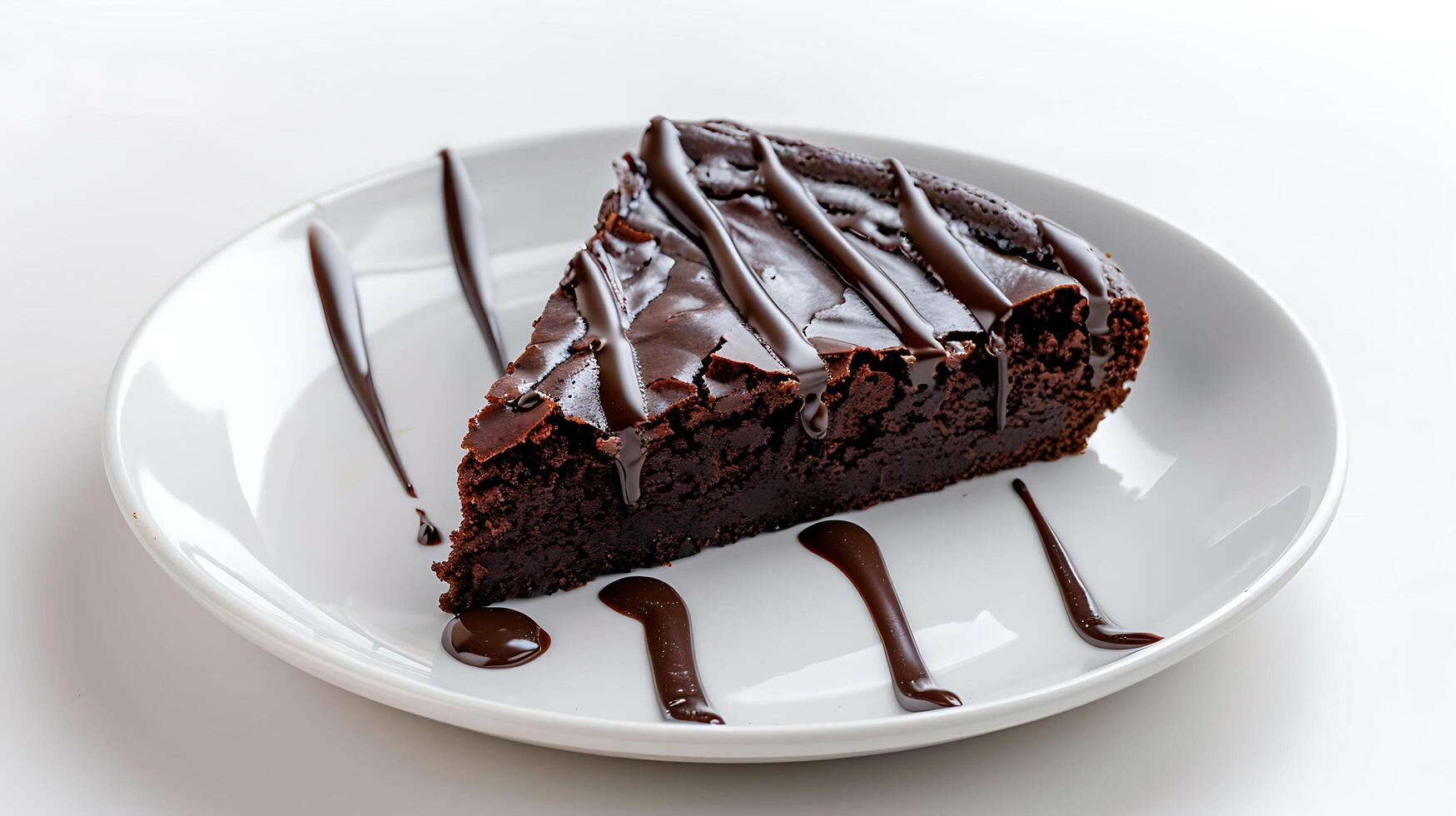 ein Stück von Brownie Kuchen mit geschmolzen Schokolade auf ein Weiß Teller auf ein Weiß Hintergrund foto