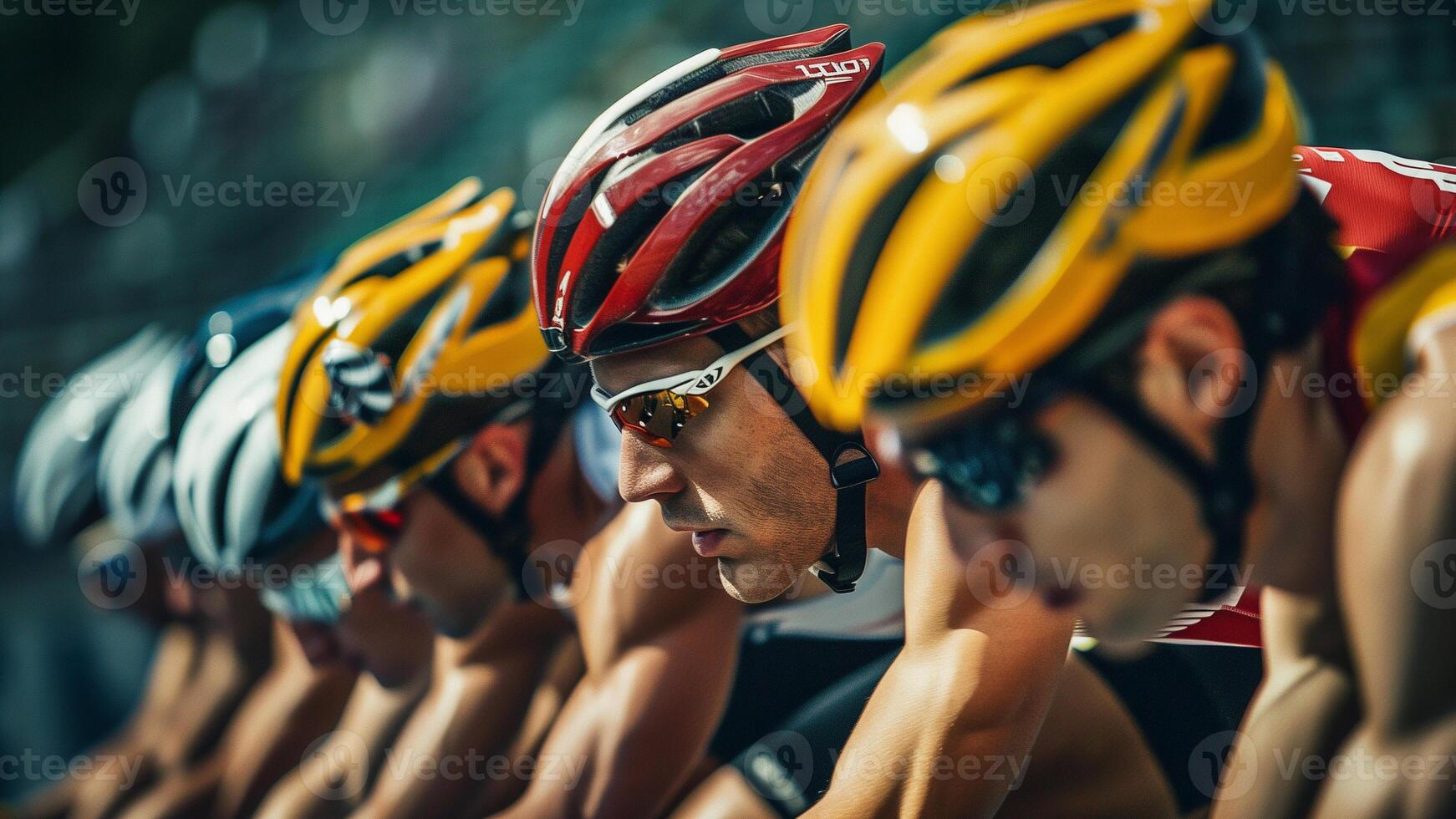 Gruppe von Triathleten beim das Start von das Radfahren Wettrennen. foto