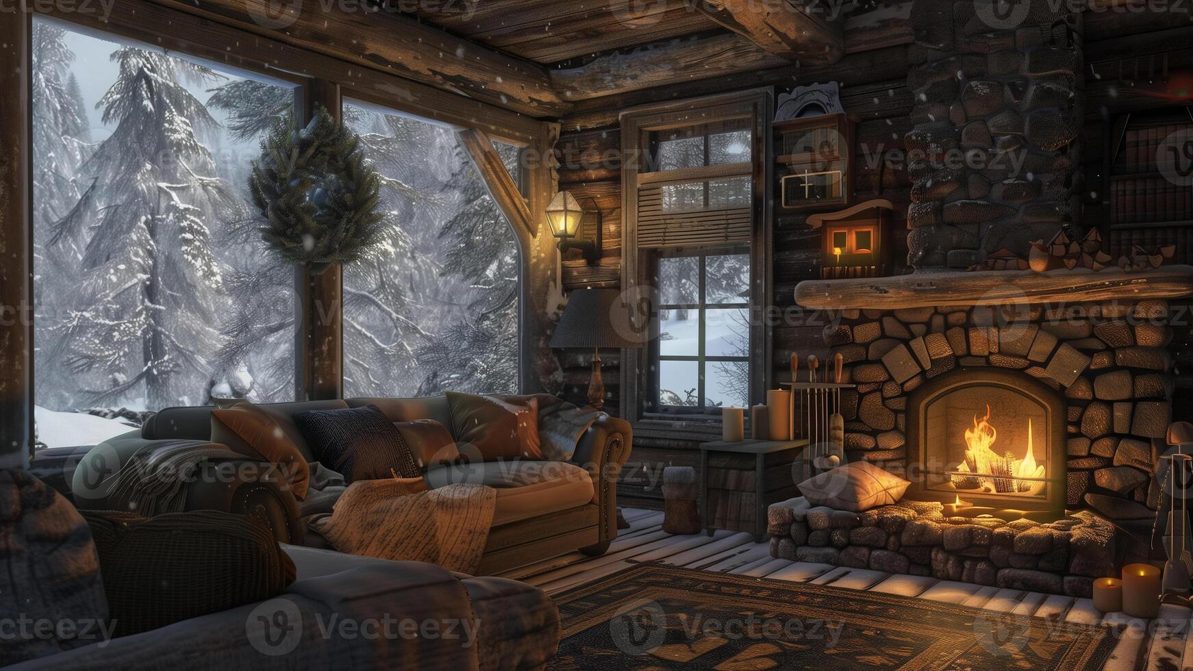 3d machen von ein gemütlich Winter Leben Zimmer mit Kamin und Weihnachten Baum foto