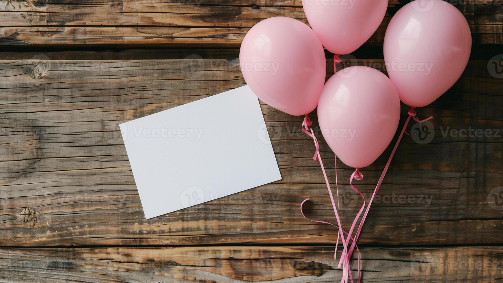 Rosa Luftballons mit ein Weiß Karte auf ein hölzern Hintergrund foto