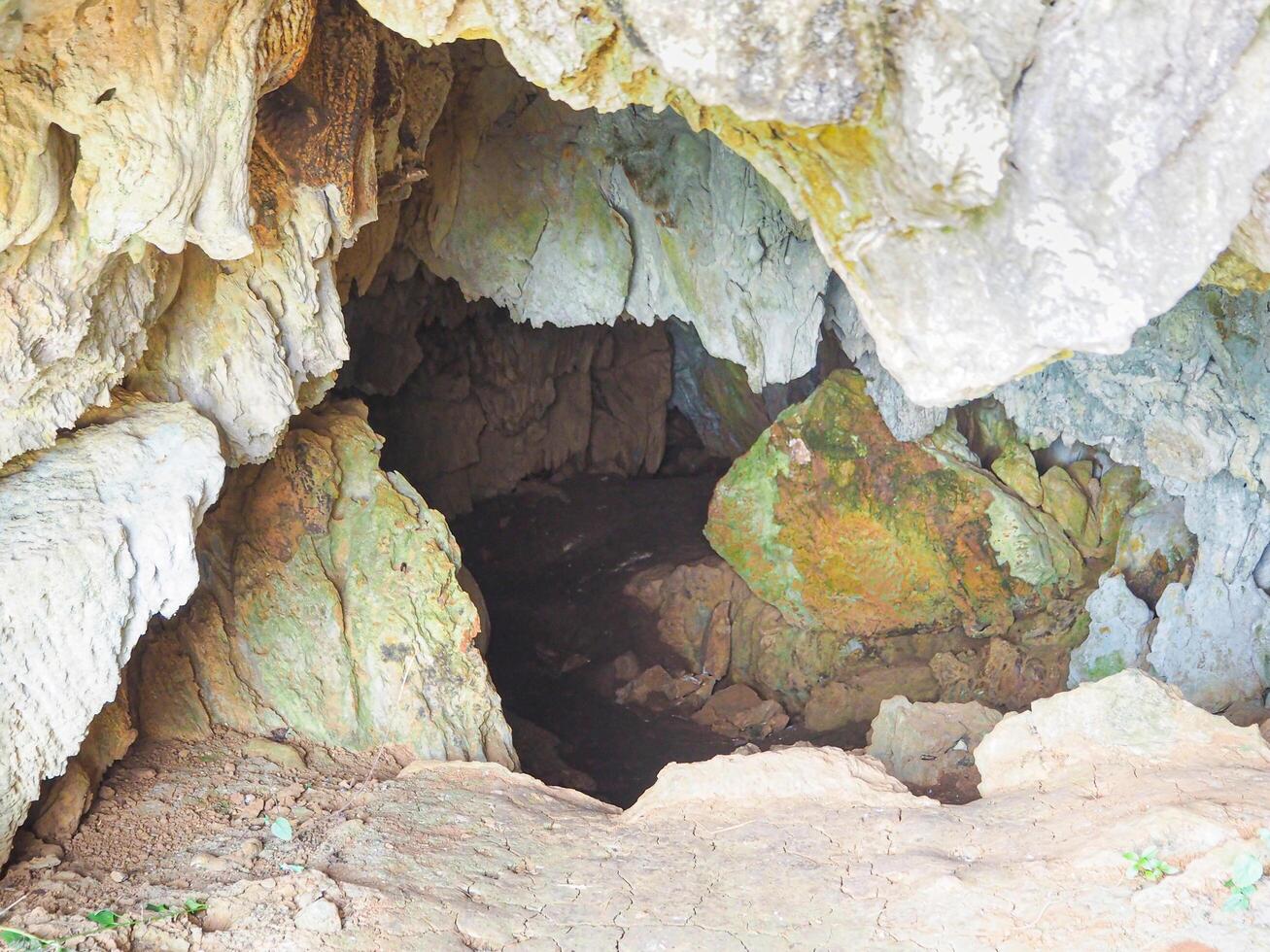 Eingang zu ein dunkel Höhle im das Felsen. Natur Fotografie foto