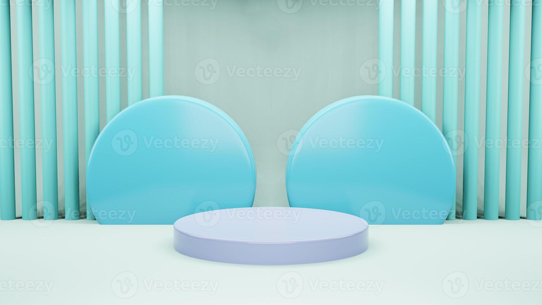 3d machen Illustration, spotten oben Podium zum Produkt Präsentation, Pastell- Blau Hintergrund, Bogen mit Vorhänge, abstrakt Komposition im minimal Design foto