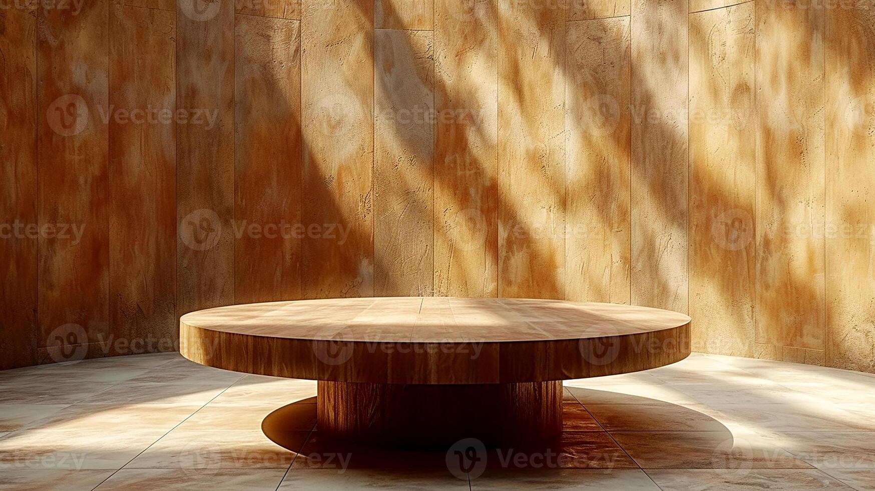 ein hölzern Tabelle im ein Zimmer mit Sonnenlicht leuchtenden durch das Mauer foto
