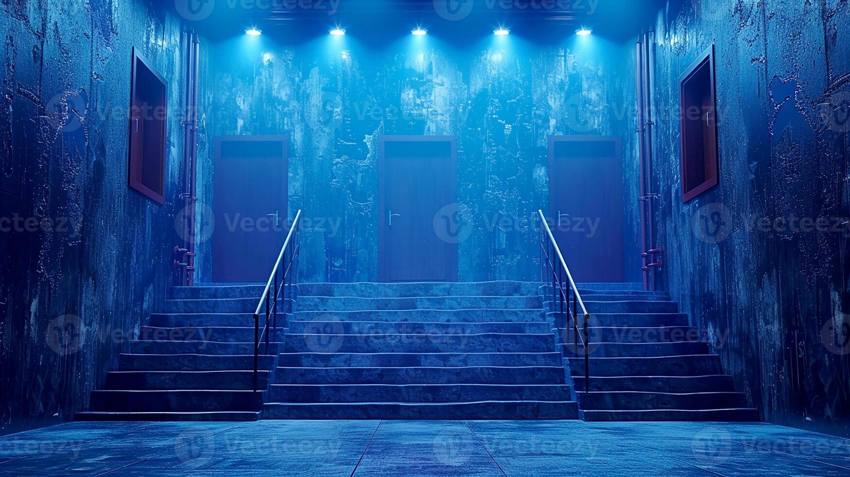 ein dunkel Zimmer mit Treppe und Blau Beleuchtung foto