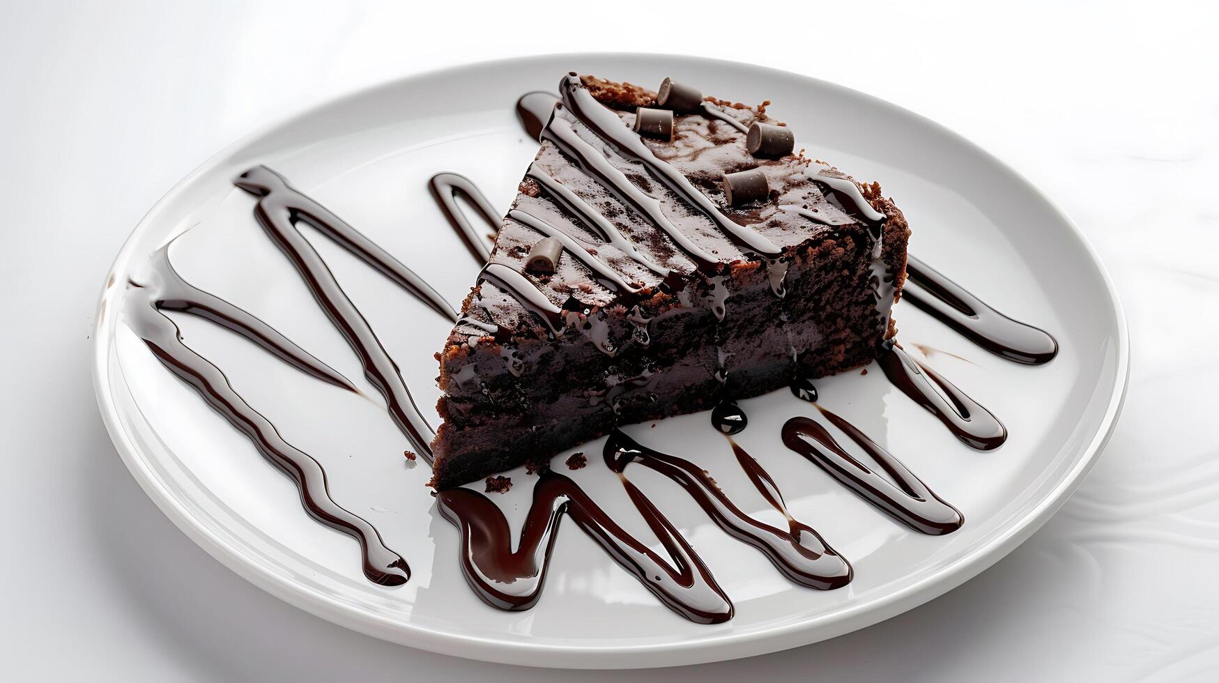 ein Stück von Brownie Kuchen mit geschmolzen Schokolade auf ein Weiß Teller auf ein Weiß Hintergrund foto