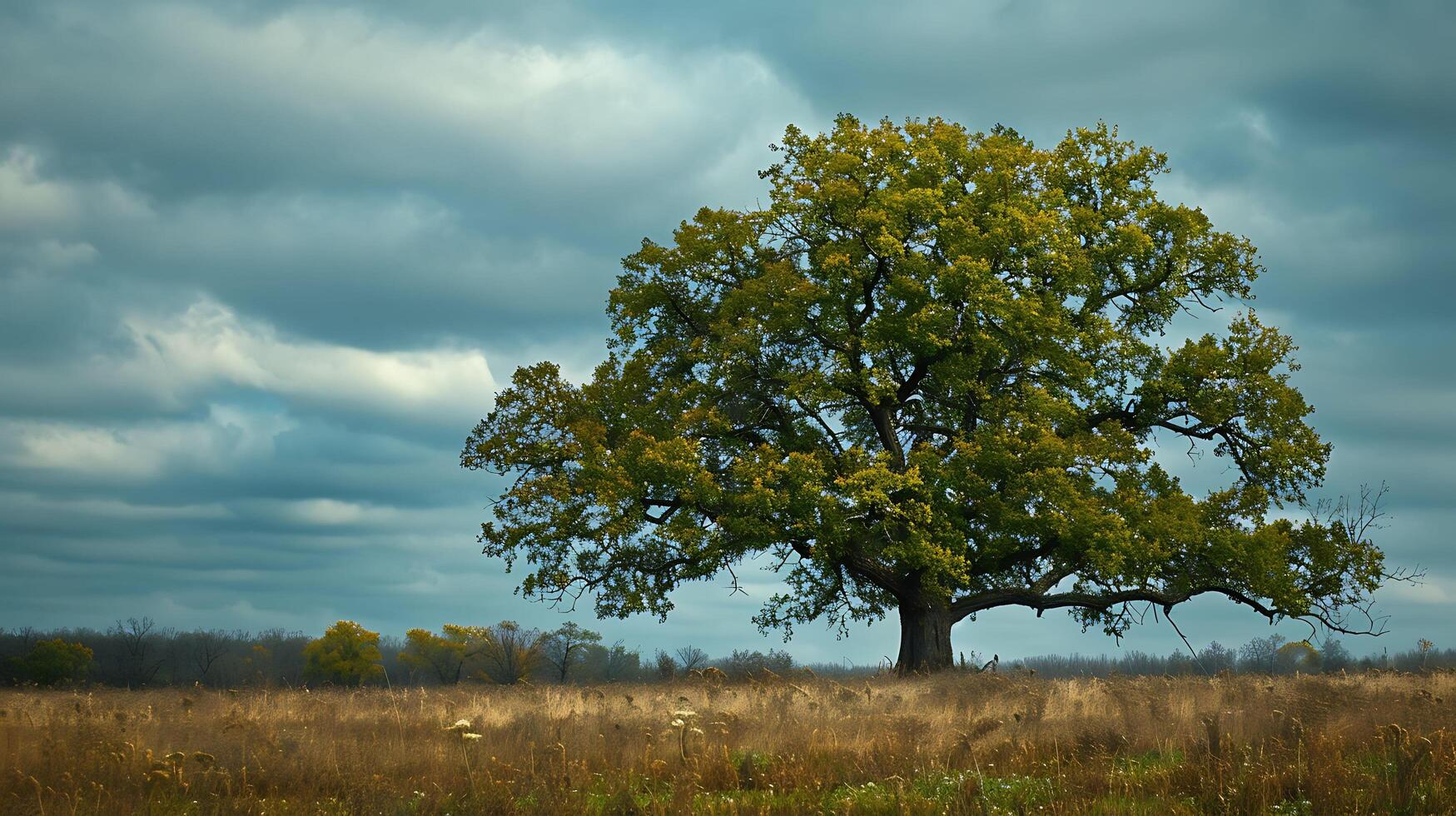 einsam Grün Eiche Baum im das Feld foto