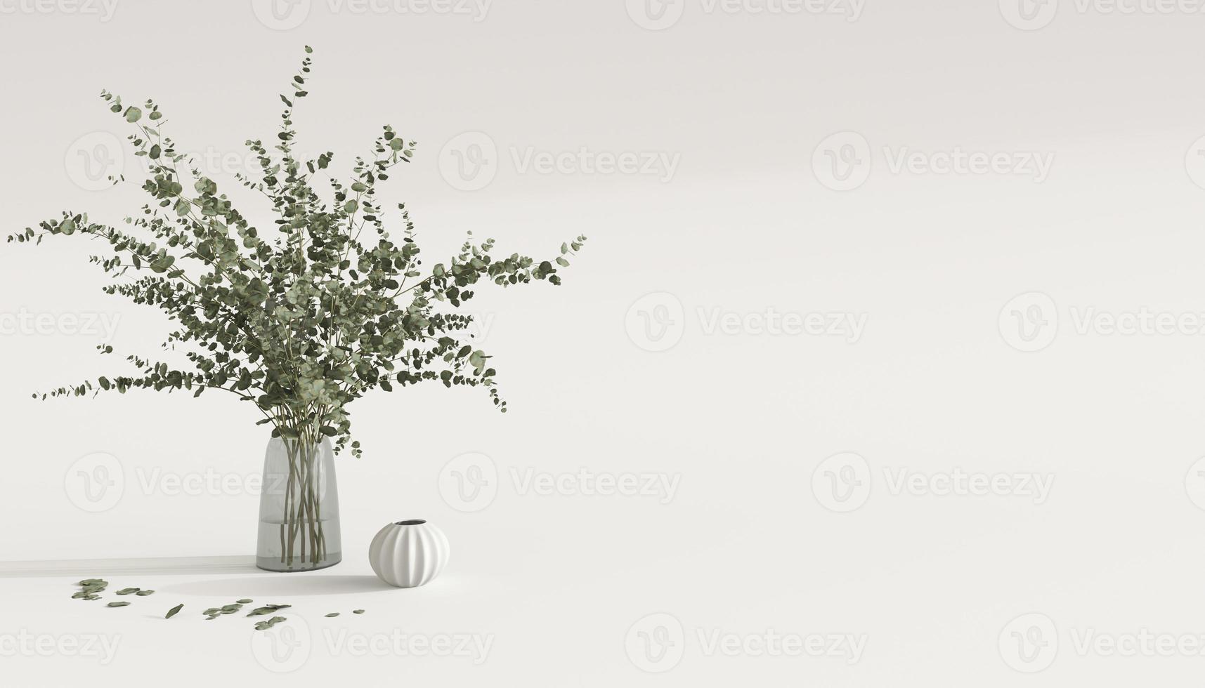 minimale Komposition mit Pflanzennahaufnahme im Hintergrund. Mockup-Szene mit leerem Platz für Text. 3D-Render-Illustration für die Schönheitspräsentation. foto