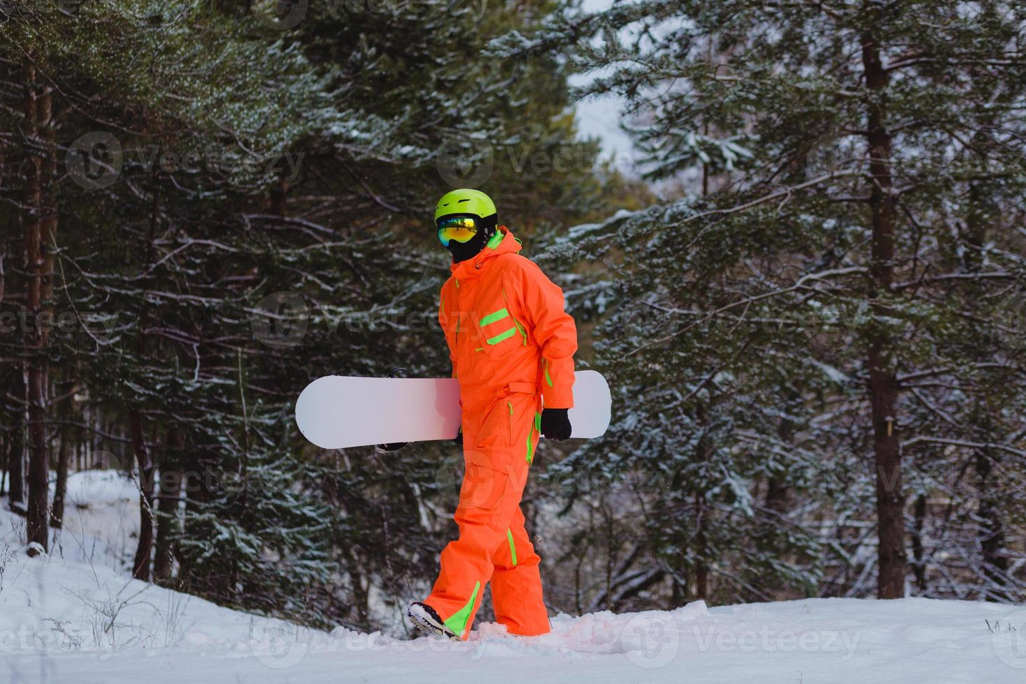 Snowboarder geht durch den Wald foto