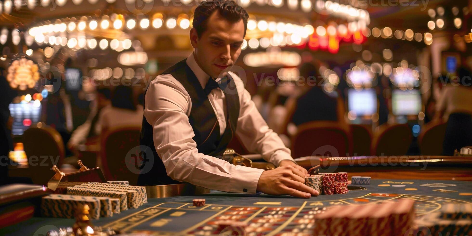 ai generiert das Croupier beim das Spielen Tabelle im das Kasino, erhöht Wetten mit Chips. Spielen Geschäft schwarz Jack, Poker. mit Raum zum Design. foto