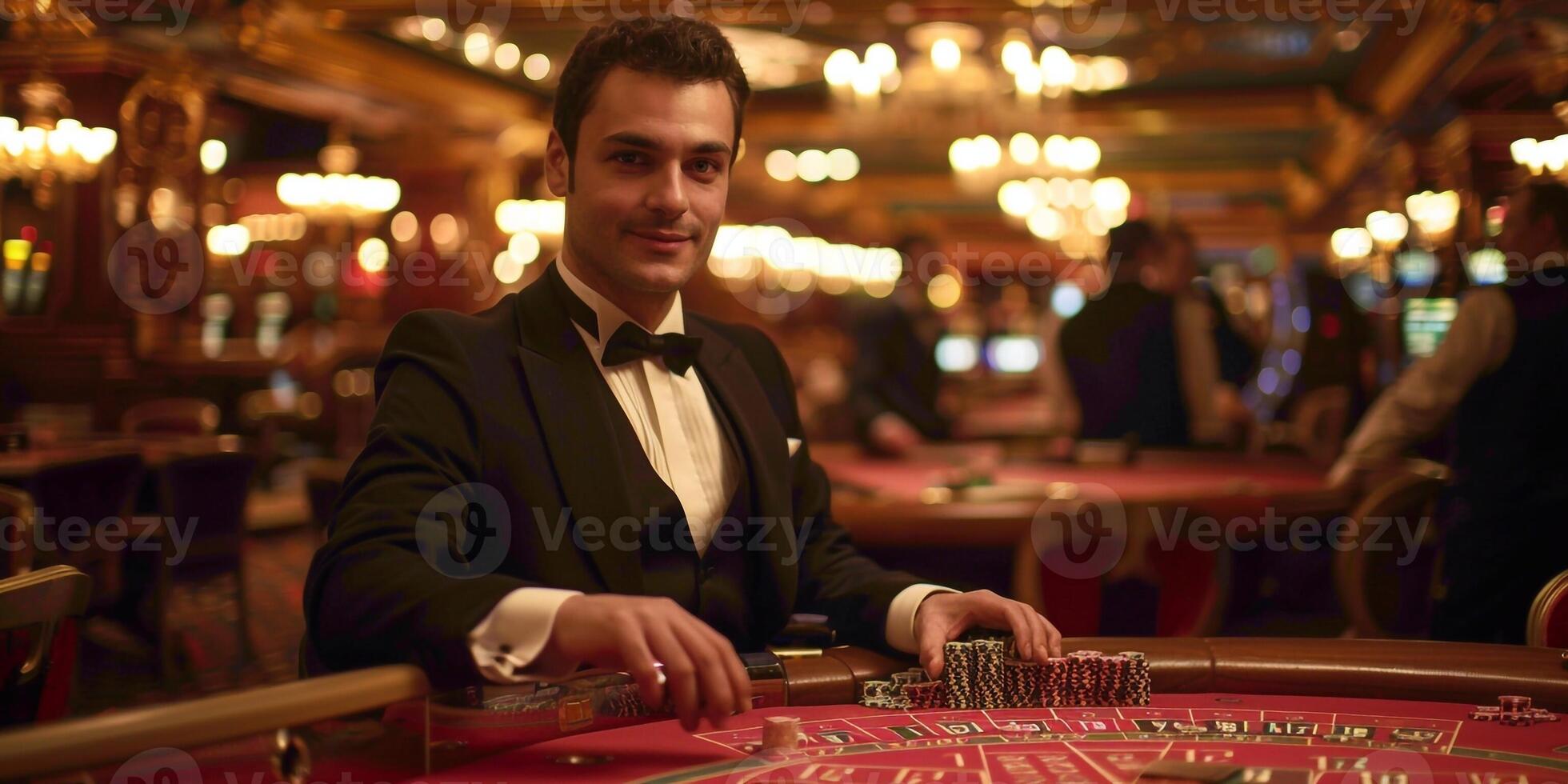 ai generiert das Croupier beim das Spielen Tabelle im das Kasino, erhöht Wetten mit Chips. Spielen Geschäft schwarz Jack, Poker. mit Raum zum Design. foto