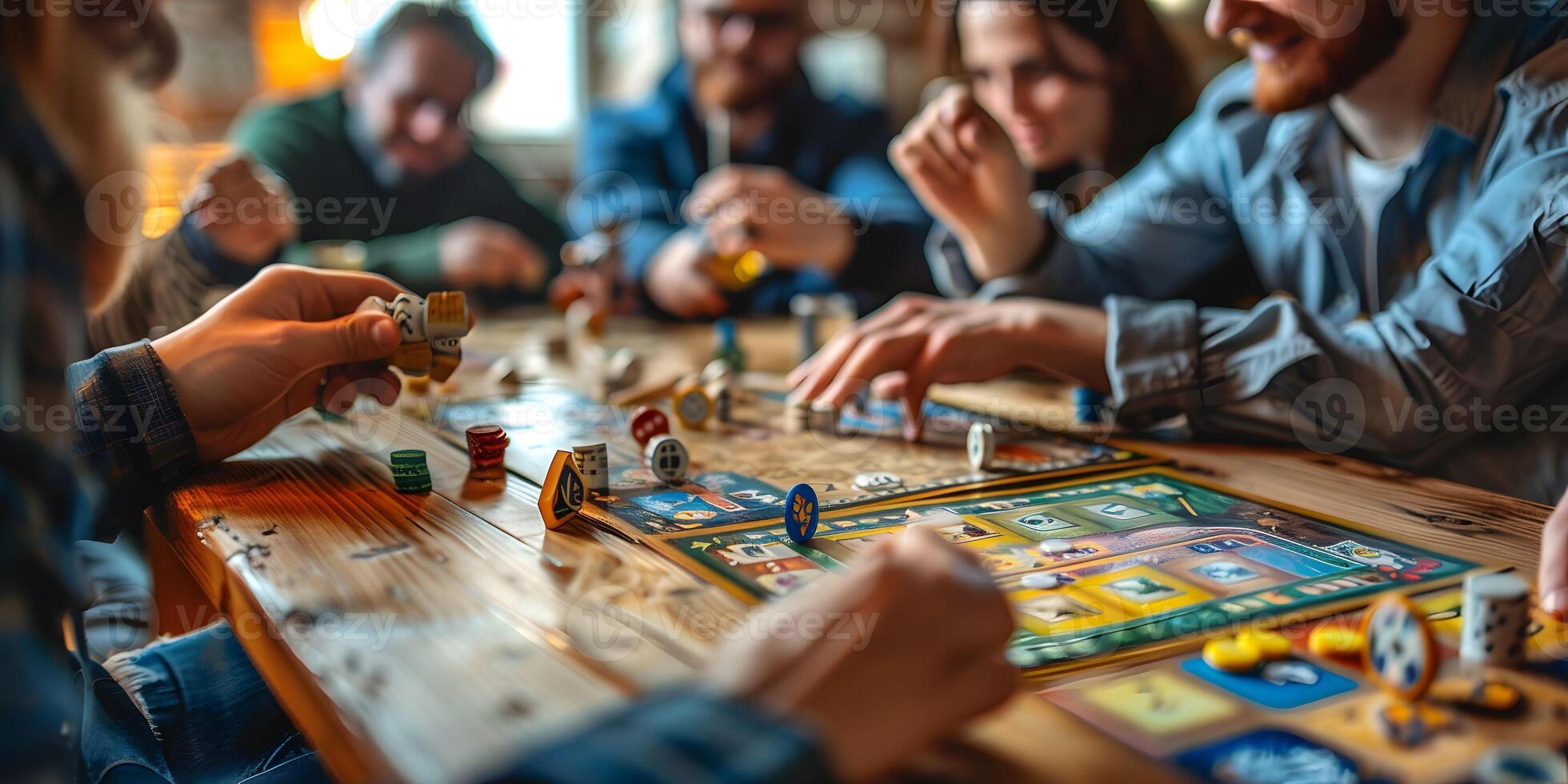 ai generiert ein Gruppe von jung Menschen abspielen Tafel Spiele. Zeit zusammen. ,Planke Spiele Konzept foto