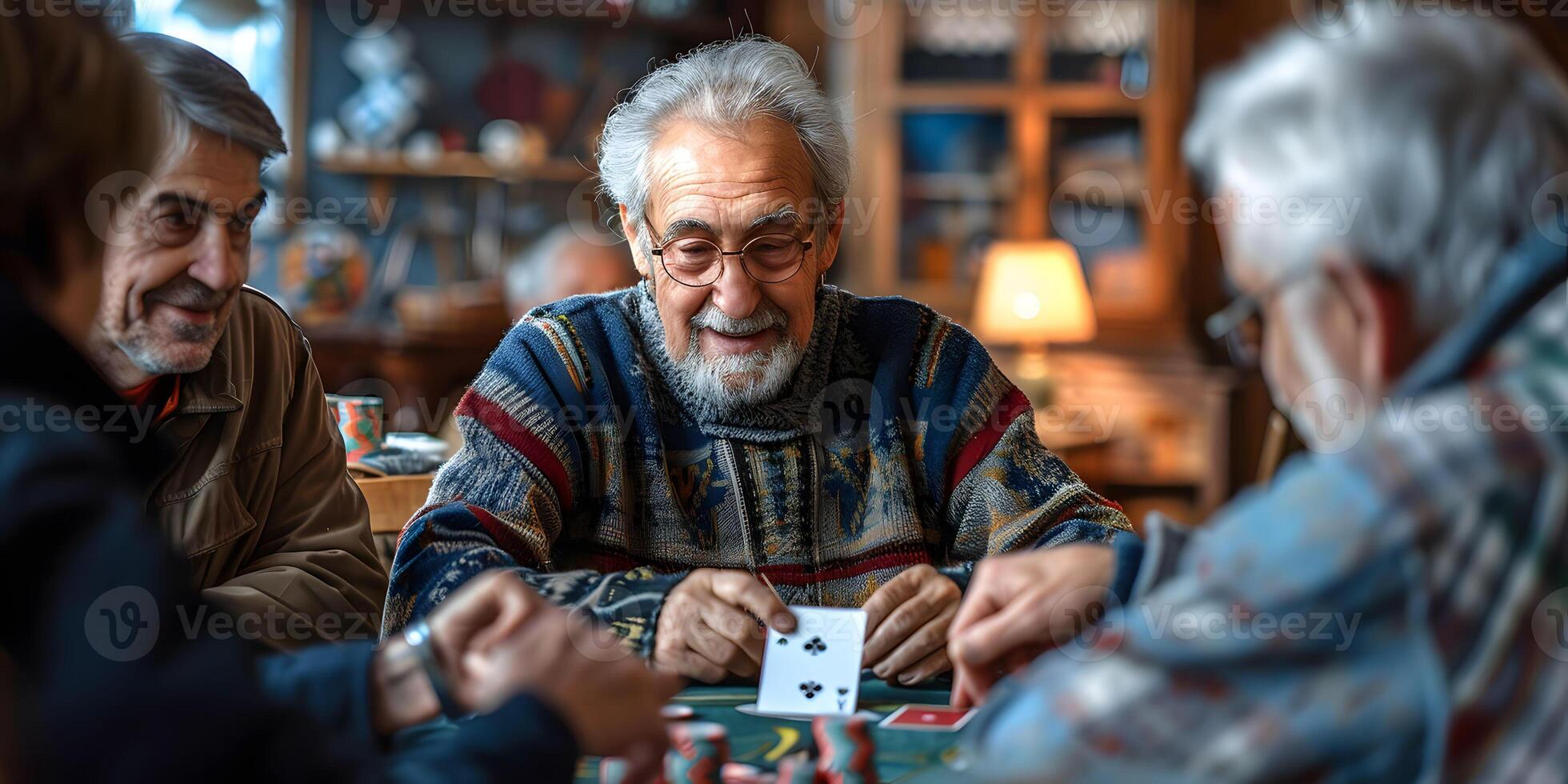 ai generiert Gruppe von Senioren spielen Karten im das Pensionierung Haus foto