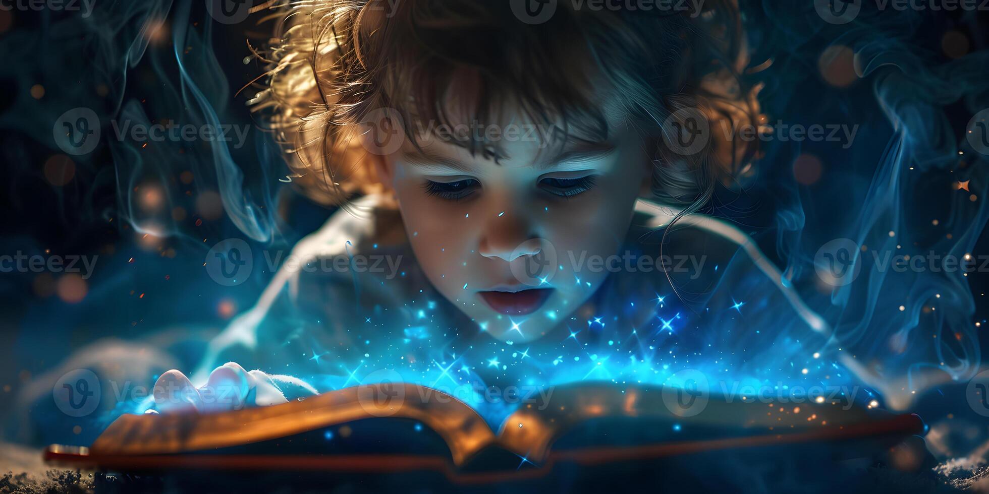 ai generiert süß wenig Junge lesen Magie Buch auf dunkel Hintergrund foto