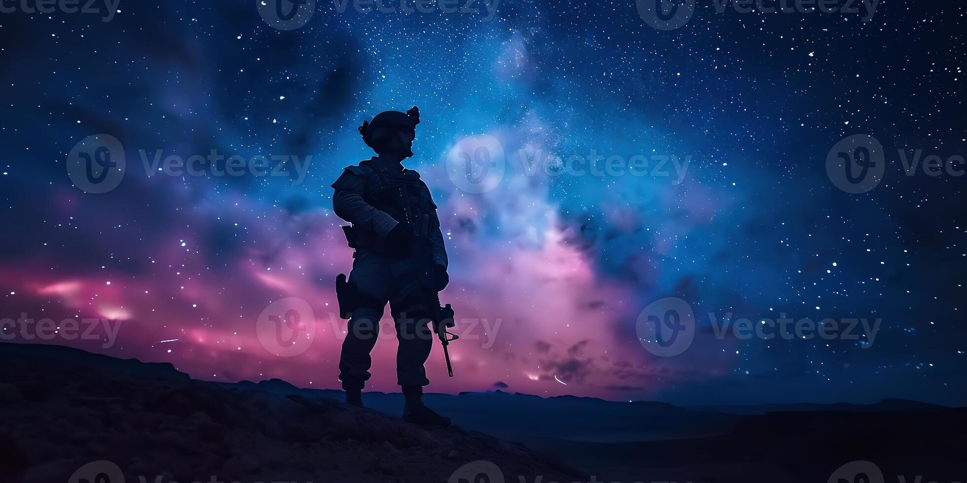ai generiert Silhouette von Militär- Scharfschütze mit Scharfschütze Gewehr beim dunkel getönt nebelig Hintergrund. Schuss, halten Pistole, bunt Himmel, Hintergrund. foto