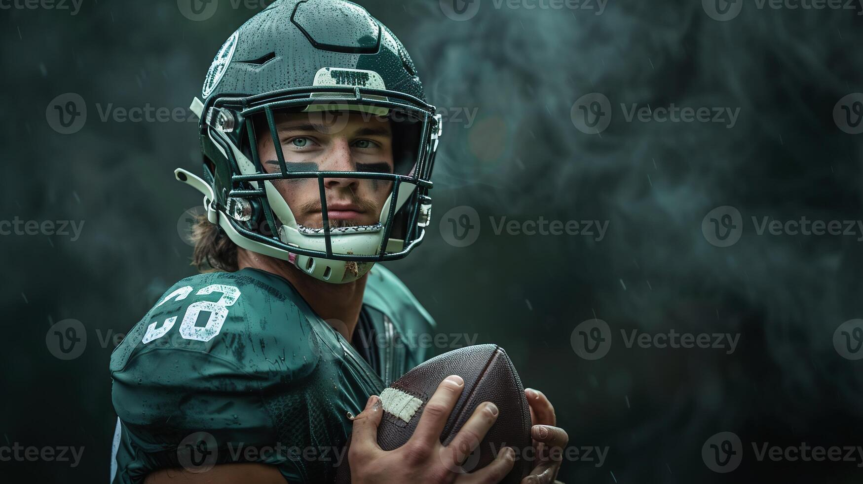 ai generiert Zeichnung von ein nfl Spieler mit ein Ball und ein Helm auf ein farbig Hintergrund. zum Ihre Design foto