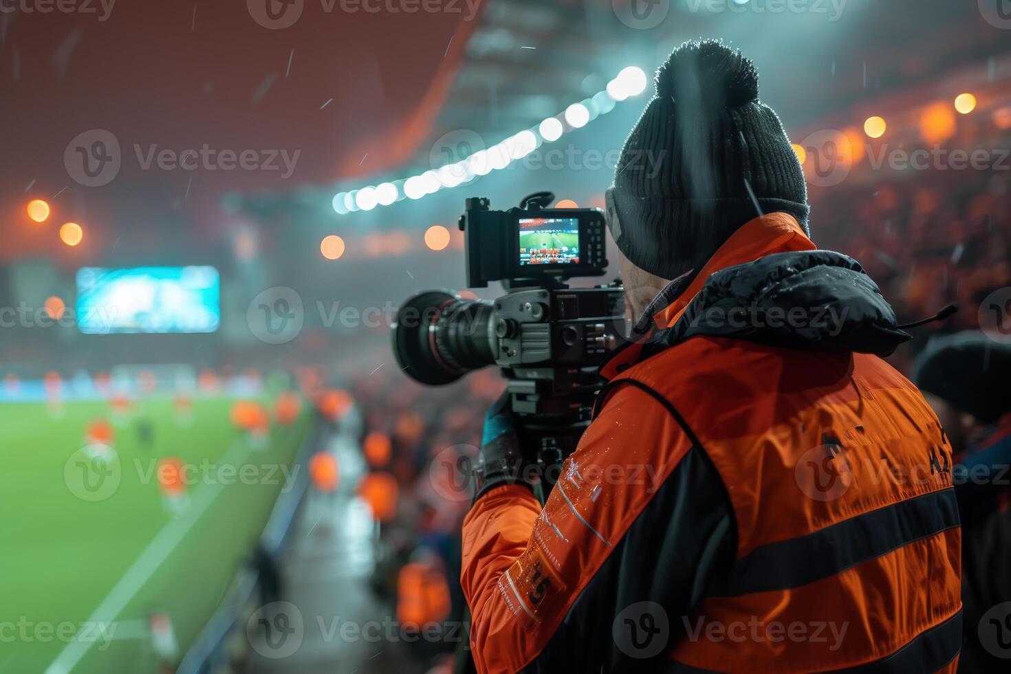 ai generiert Fernseher Kamera beim das Stadion während Fußball Streichhölzer. Fernsehen Kamera während das Fußball Spiel foto