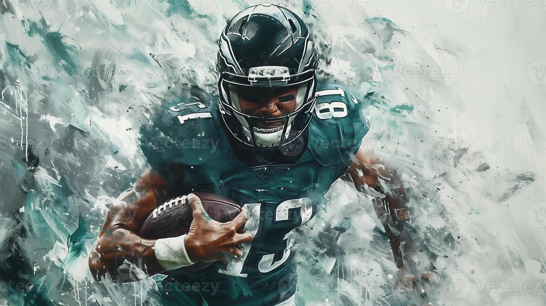 ai generiert Zeichnung von ein nfl Spieler mit ein Ball und ein Helm auf ein farbig Hintergrund. zum Ihre Design foto