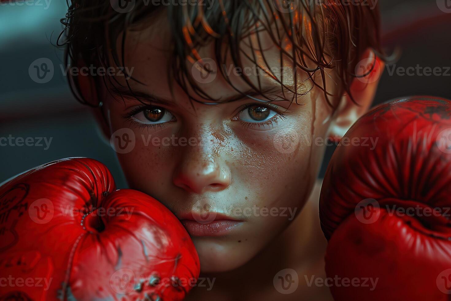 ai generiert heiter gut aussehend wenig Junge Boxer tragen Boxen Handschuhe freut sich im ein Sieg. isoliert auf dunkel texturiert Hintergrund. foto