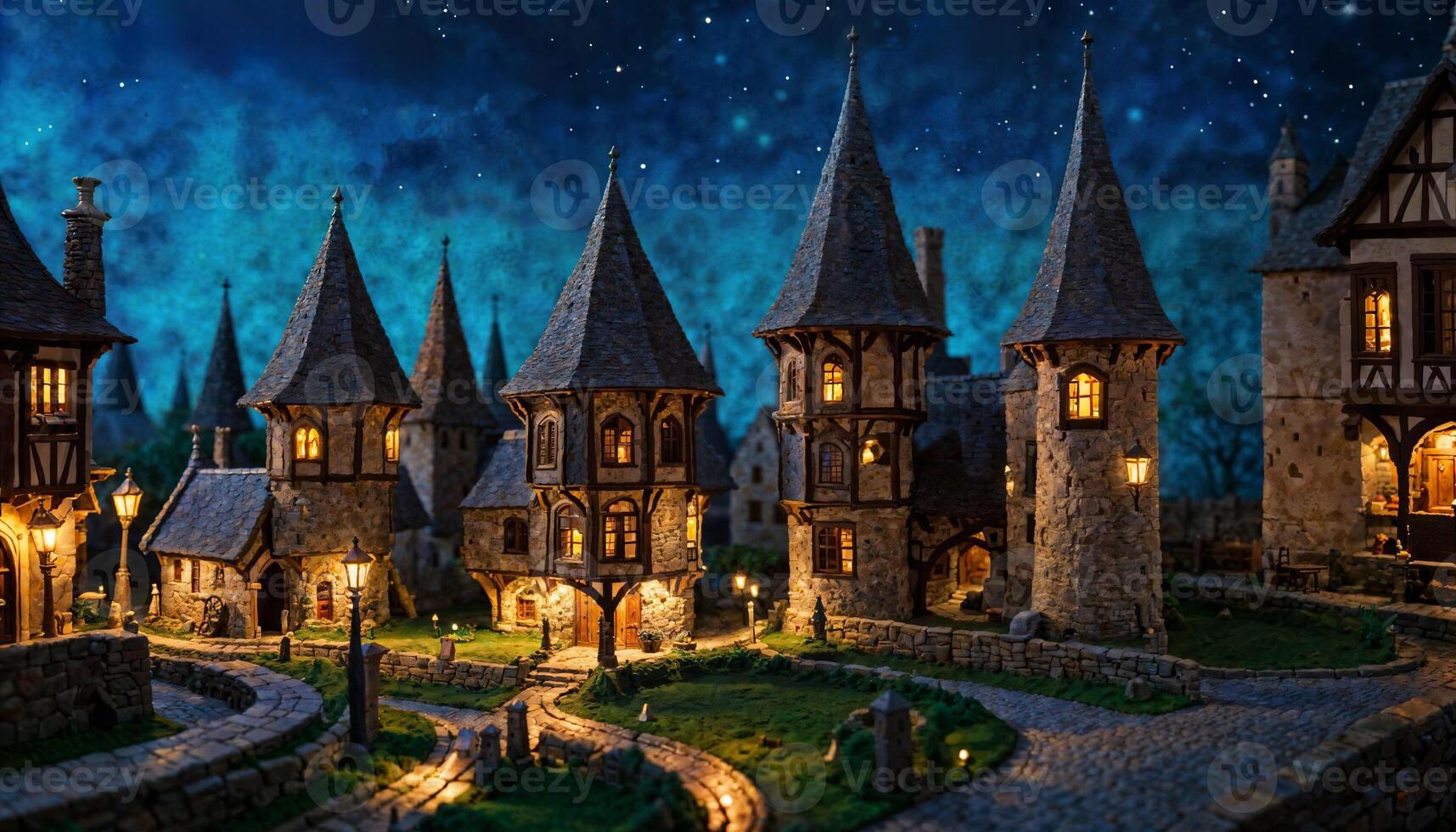 Miniatur Szene von Fantasie mittelalterlich Gebäude Dorf beim Nacht, foto