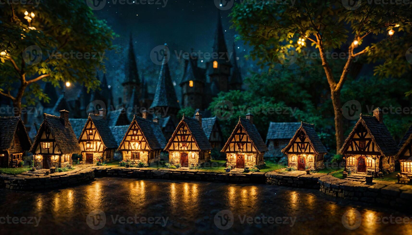 Miniatur Szene von Fantasie mittelalterlich Gebäude Dorf beim Nacht, foto